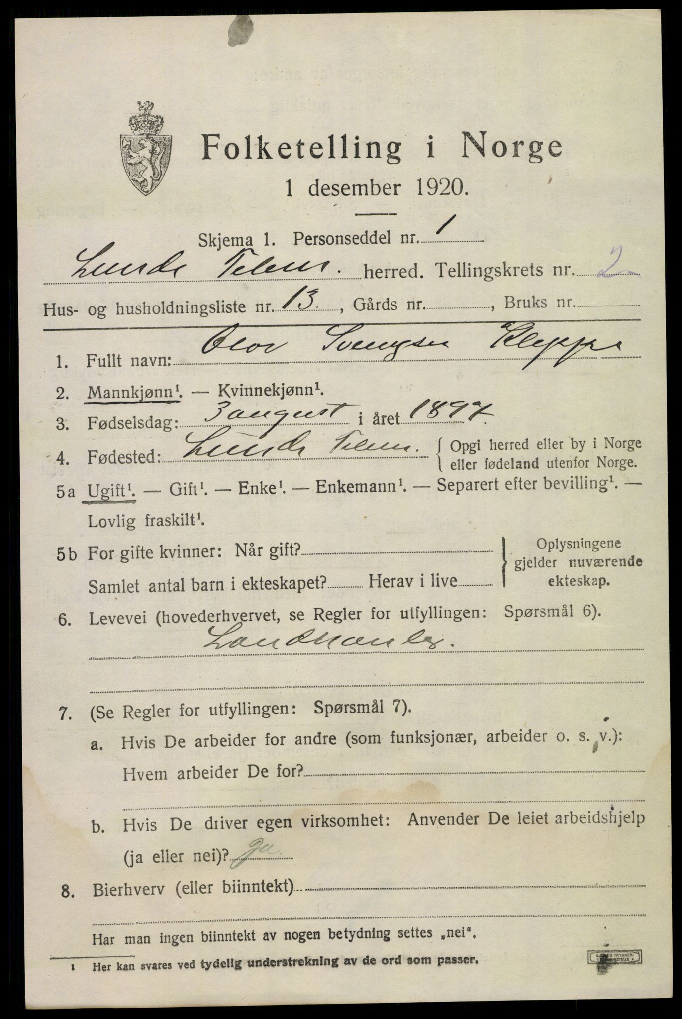 SAKO, 1920 census for Lunde, 1920, p. 1725