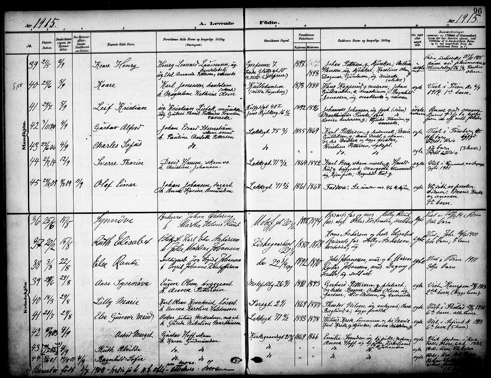 Tøyen prestekontor Kirkebøker, AV/SAO-A-10167a/F/Fa/L0001: Parish register (official) no. I 1, 1907-1916, p. 96