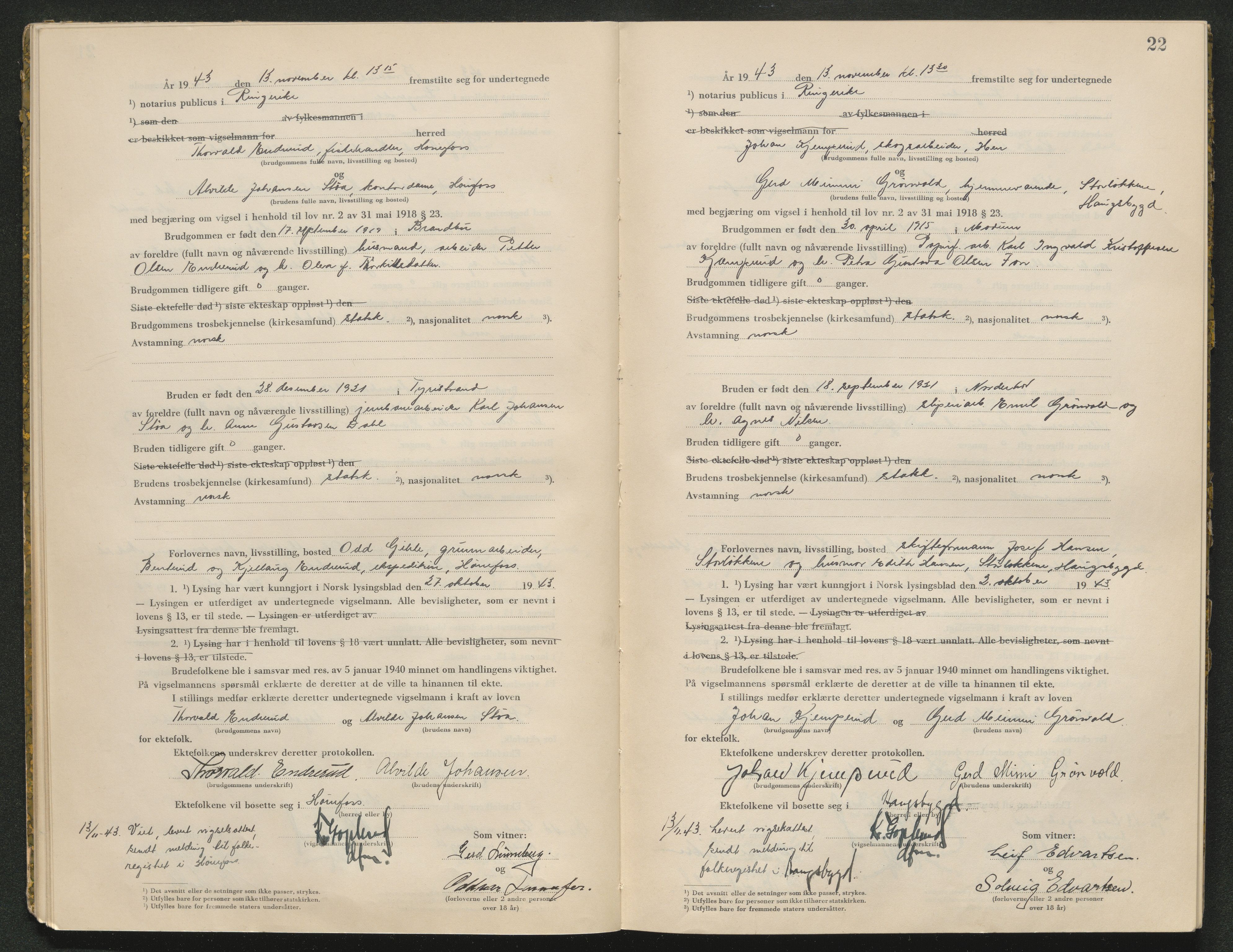 Ringerike sorenskriveri, AV/SAKO-A-105/L/Lc/L0003: Vigselsbok, 1943-1944, p. 22