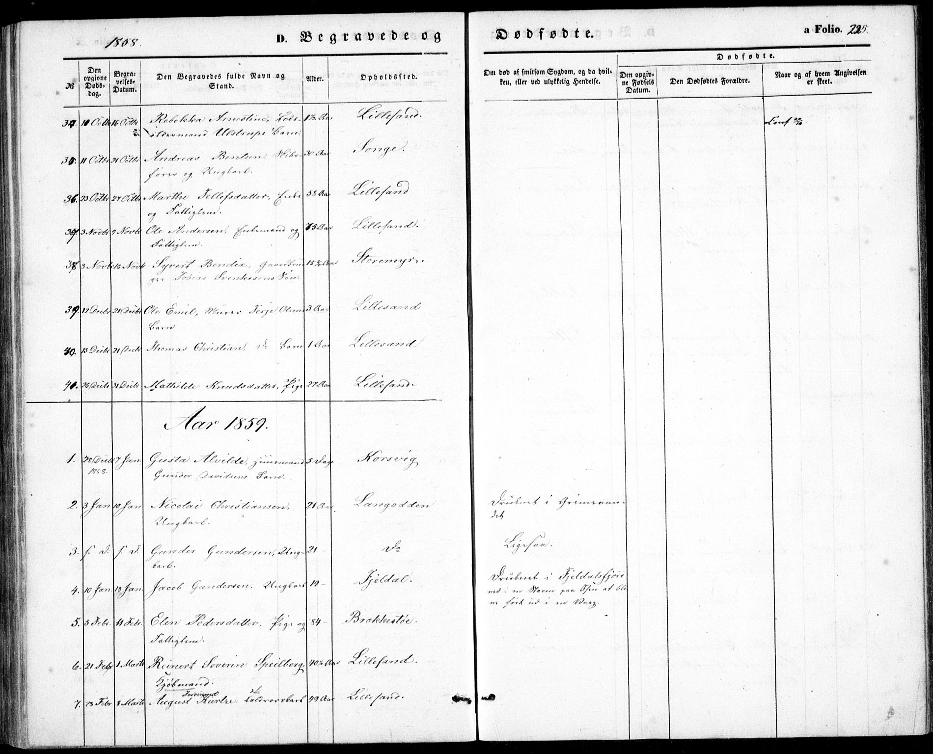 Vestre Moland sokneprestkontor, SAK/1111-0046/F/Fb/Fbb/L0003: Parish register (copy) no. B 3, 1851-1861, p. 225