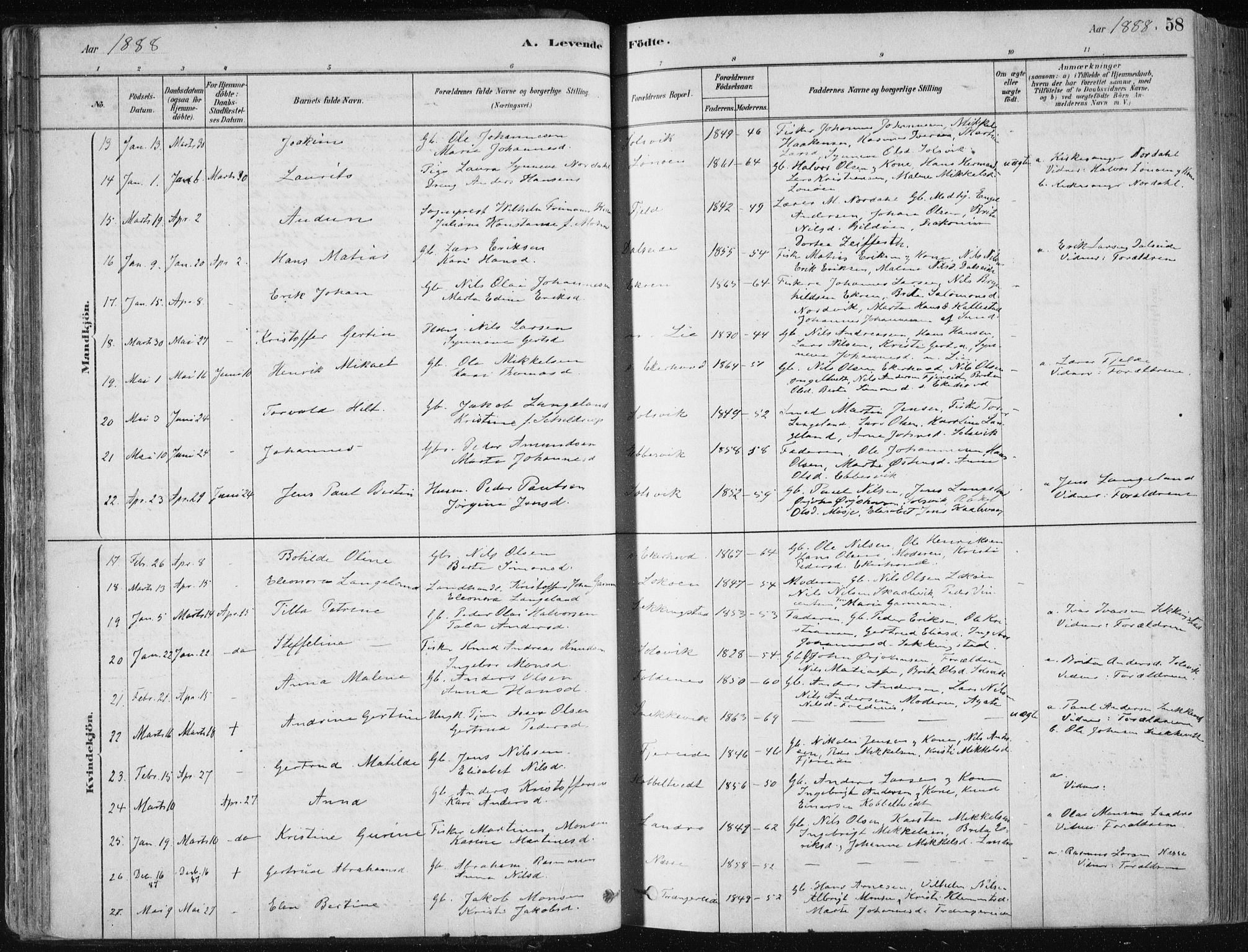 Fjell sokneprestembete, SAB/A-75301/H/Haa: Parish register (official) no. A  8, 1878-1898, p. 58