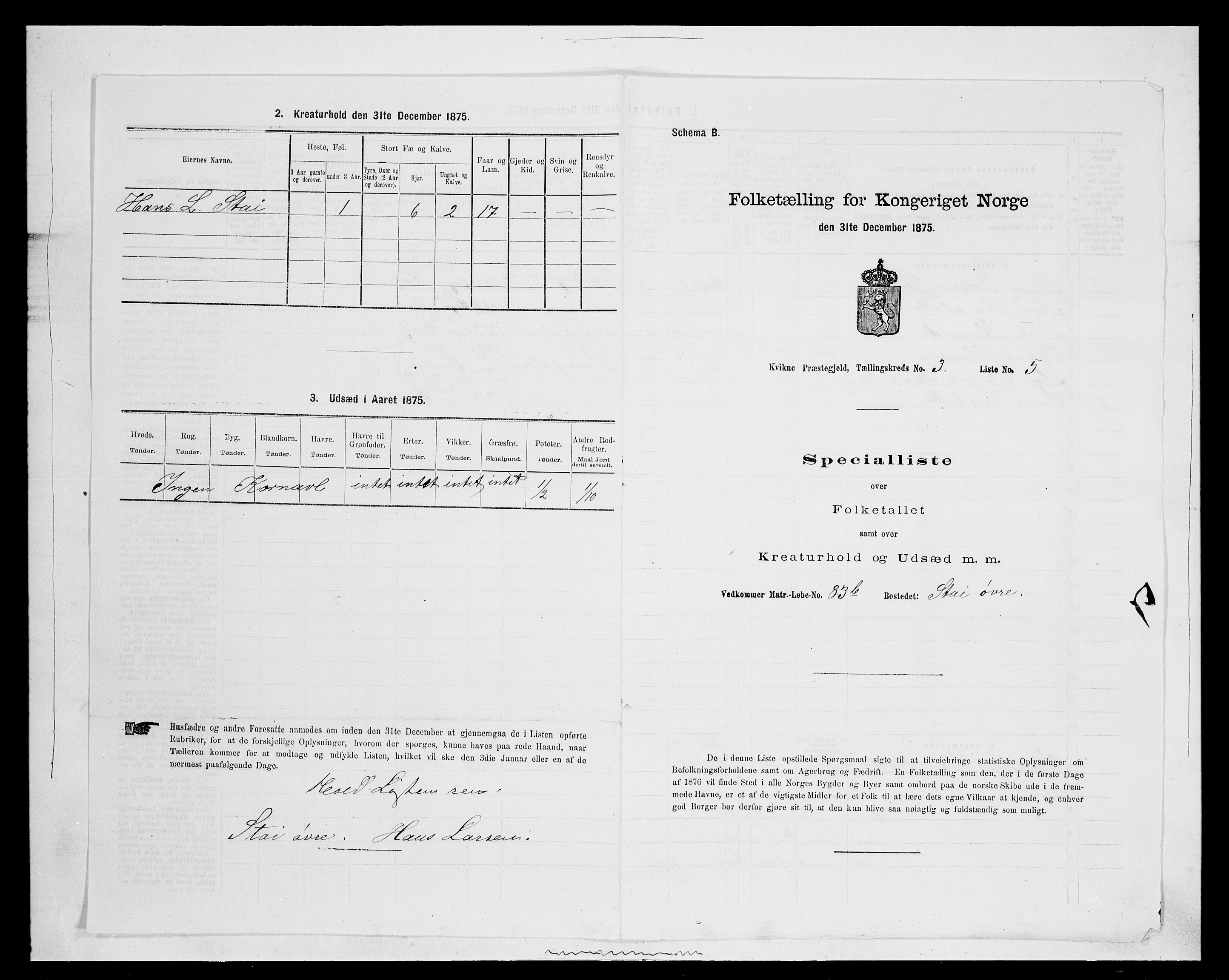 SAH, 1875 census for 0440P Kvikne, 1875, p. 274