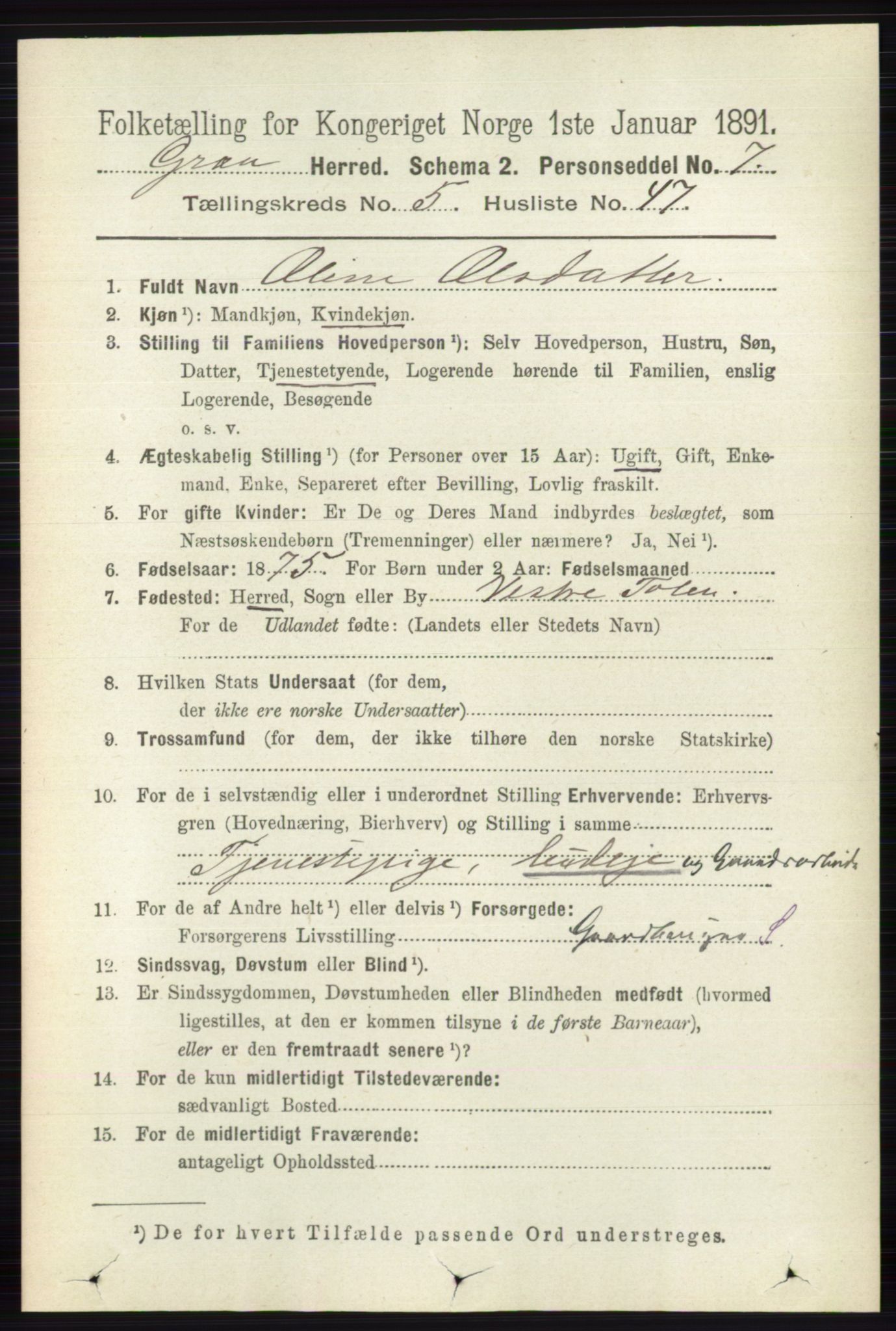 RA, 1891 census for 0534 Gran, 1891, p. 1891