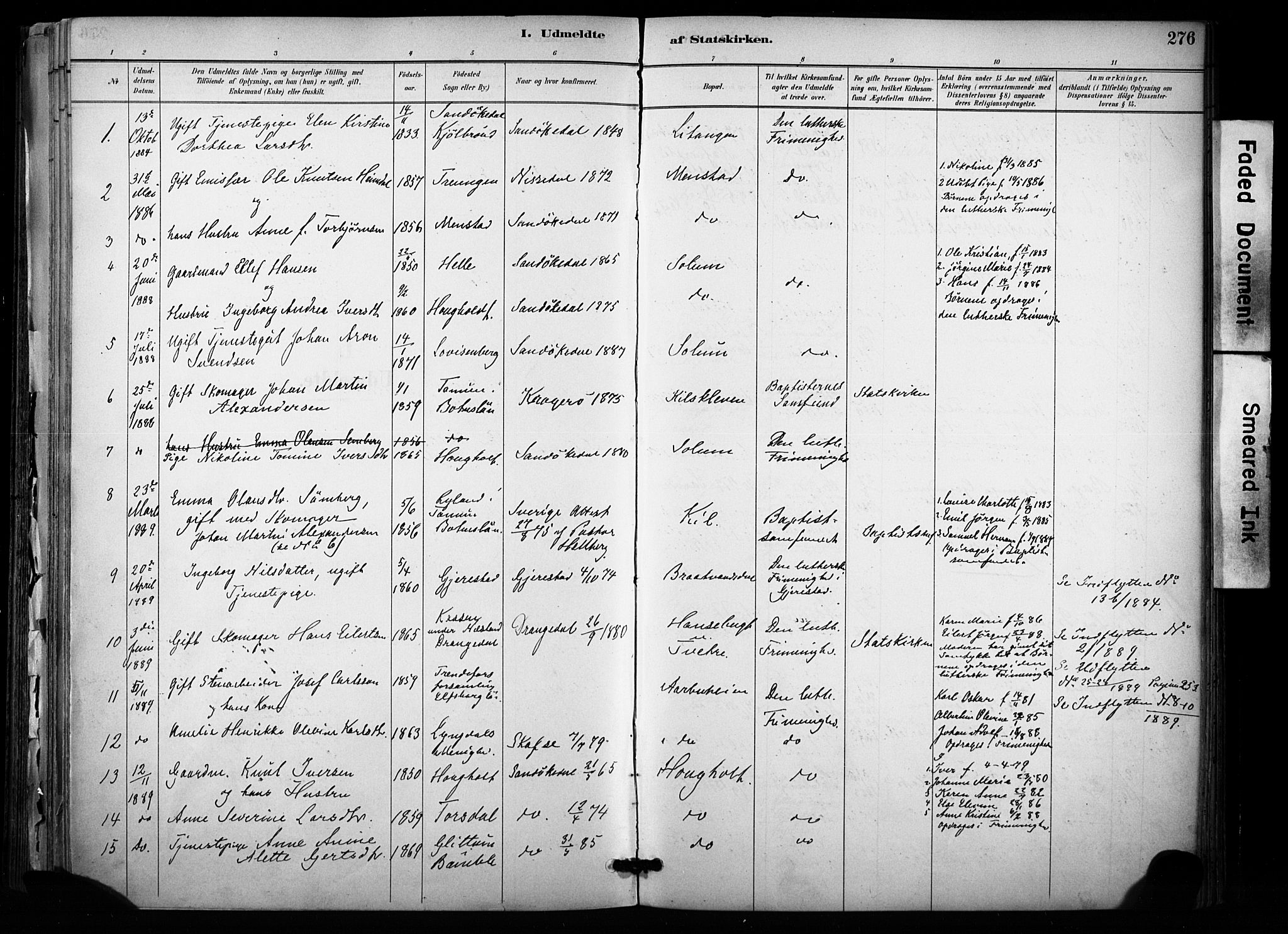 Sannidal kirkebøker, AV/SAKO-A-296/F/Fa/L0015: Parish register (official) no. 15, 1884-1899, p. 276