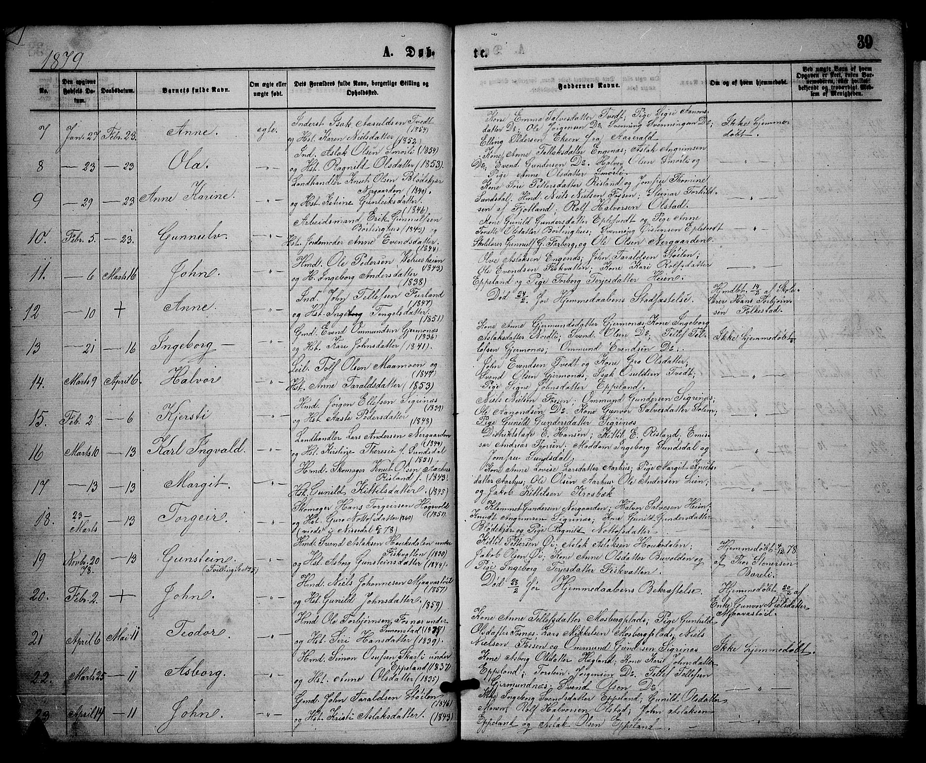 Åmli sokneprestkontor, SAK/1111-0050/F/Fb/Fbc/L0003: Parish register (copy) no. B 3, 1868-1888, p. 39
