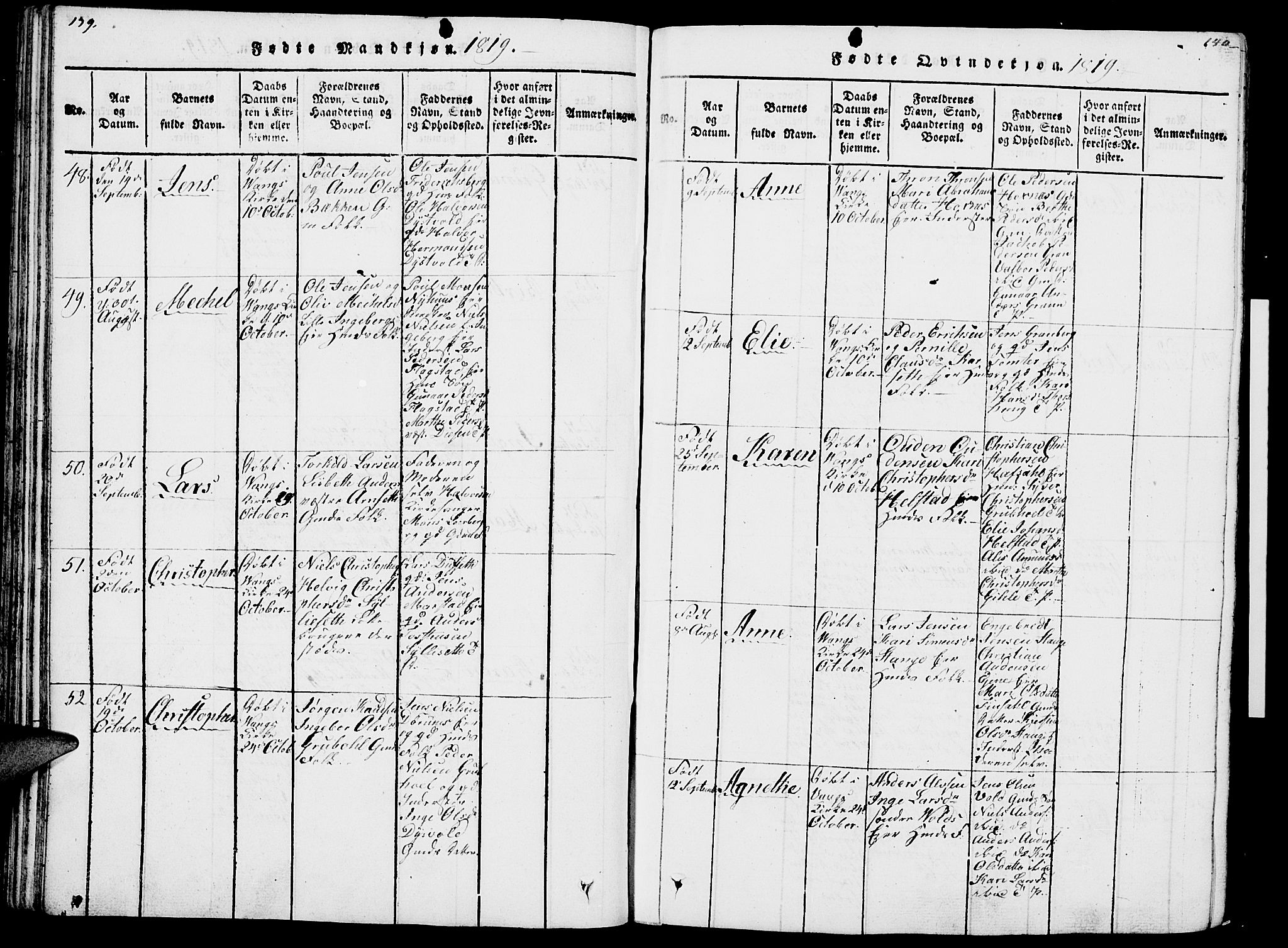 Vang prestekontor, Hedmark, AV/SAH-PREST-008/H/Ha/Haa/L0007: Parish register (official) no. 7, 1813-1826, p. 139-140