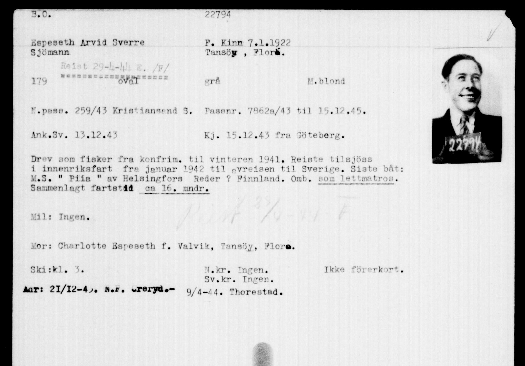 Utenriksstasjonene, Legasjonen i Stockholm, Flyktningkontoret, AV/RA-S-6753/V/Va/L0010: Kjesäterkartoteket, flyktninger med registreringsnr. 22000-25314, 1940-1945, p. 870