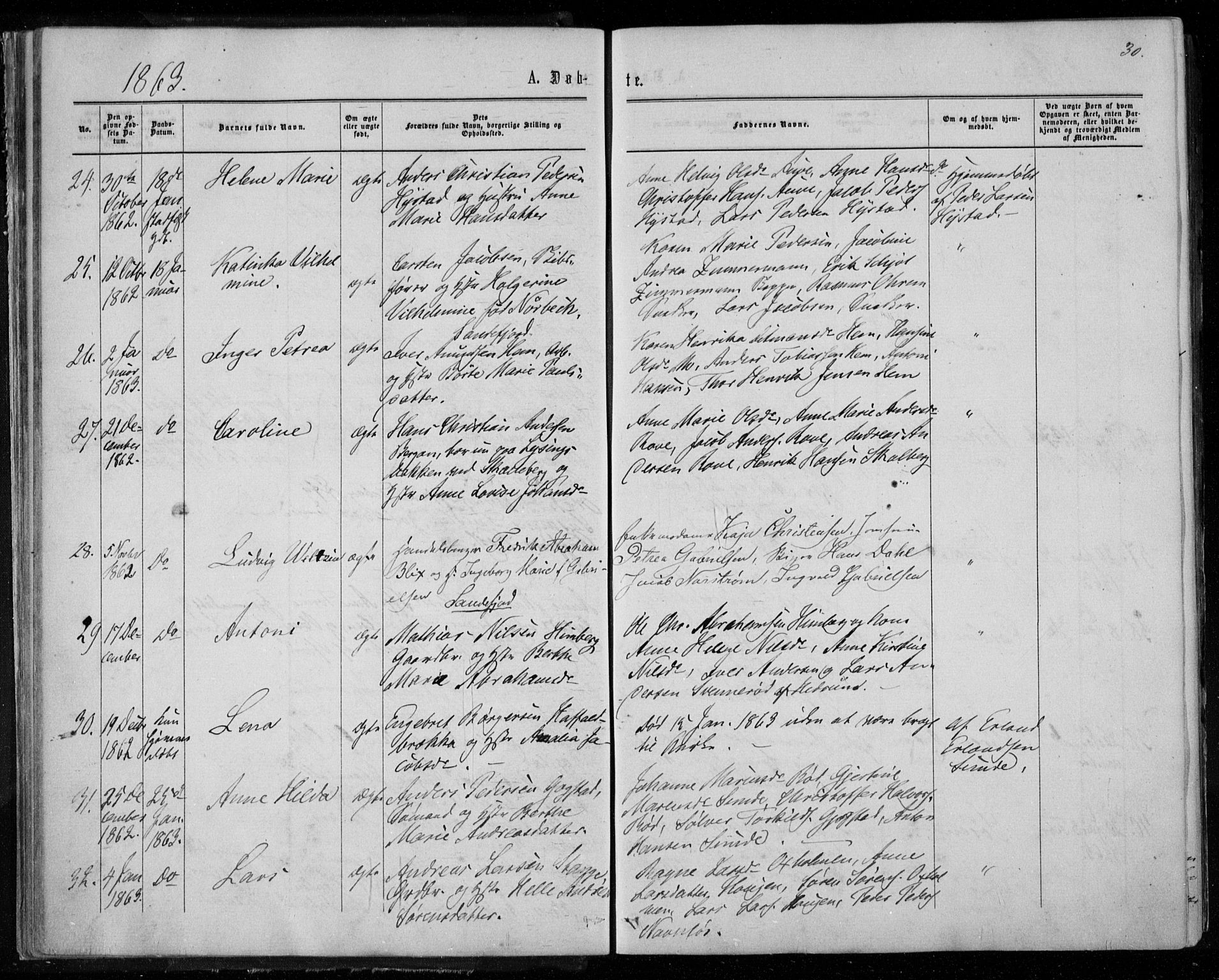 Sandar kirkebøker, SAKO/A-243/F/Fa/L0008: Parish register (official) no. 8, 1862-1871, p. 30