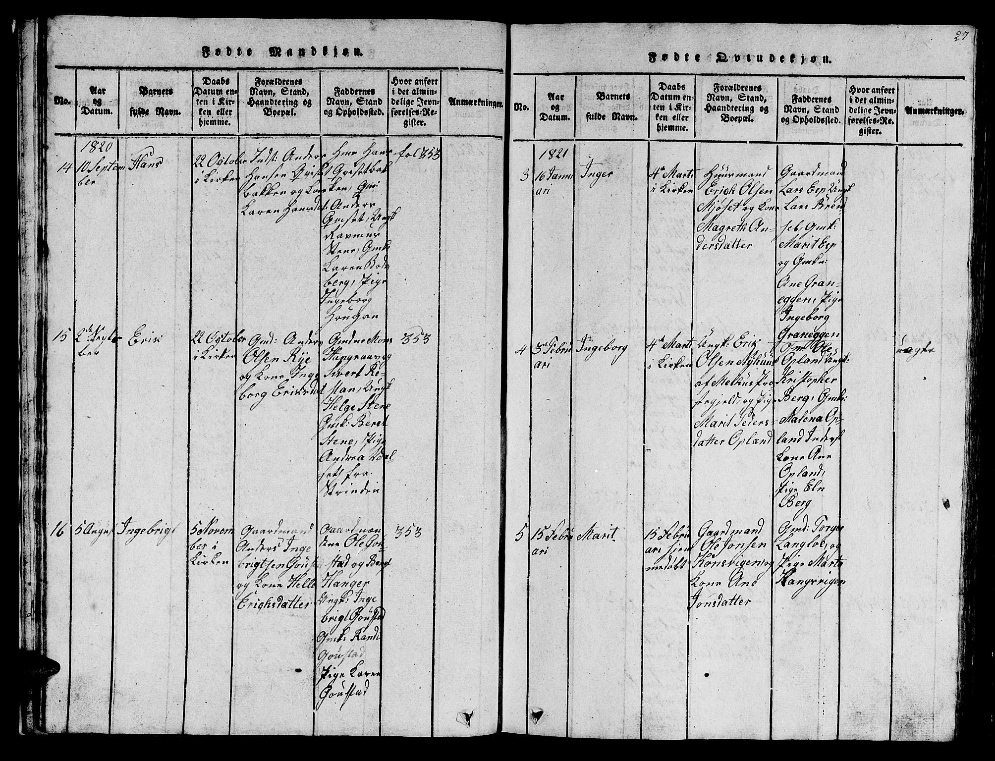 Ministerialprotokoller, klokkerbøker og fødselsregistre - Sør-Trøndelag, AV/SAT-A-1456/612/L0385: Parish register (copy) no. 612C01, 1816-1845, p. 27