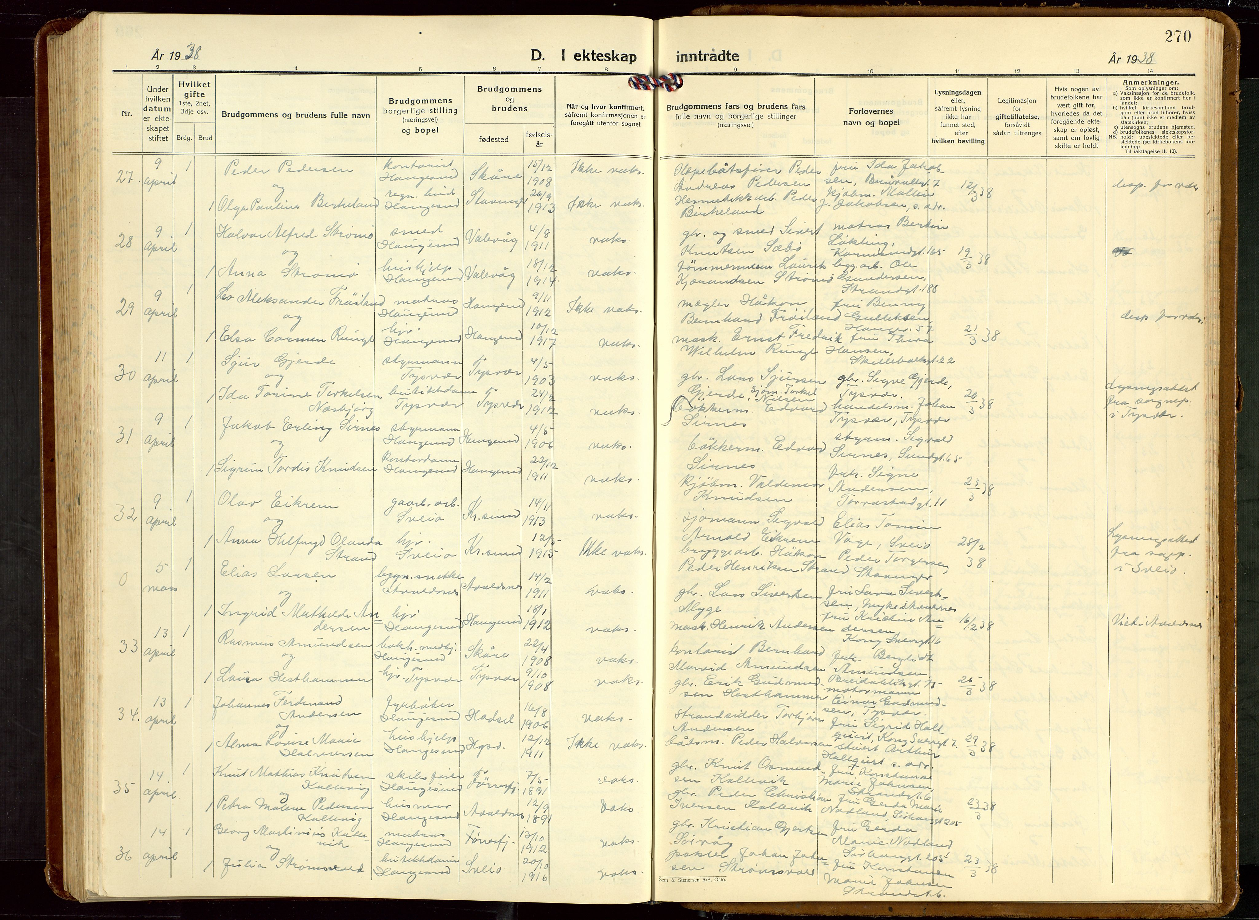 Haugesund sokneprestkontor, AV/SAST-A -101863/H/Ha/Hab/L0013: Parish register (copy) no. B 13, 1931-1943, p. 270