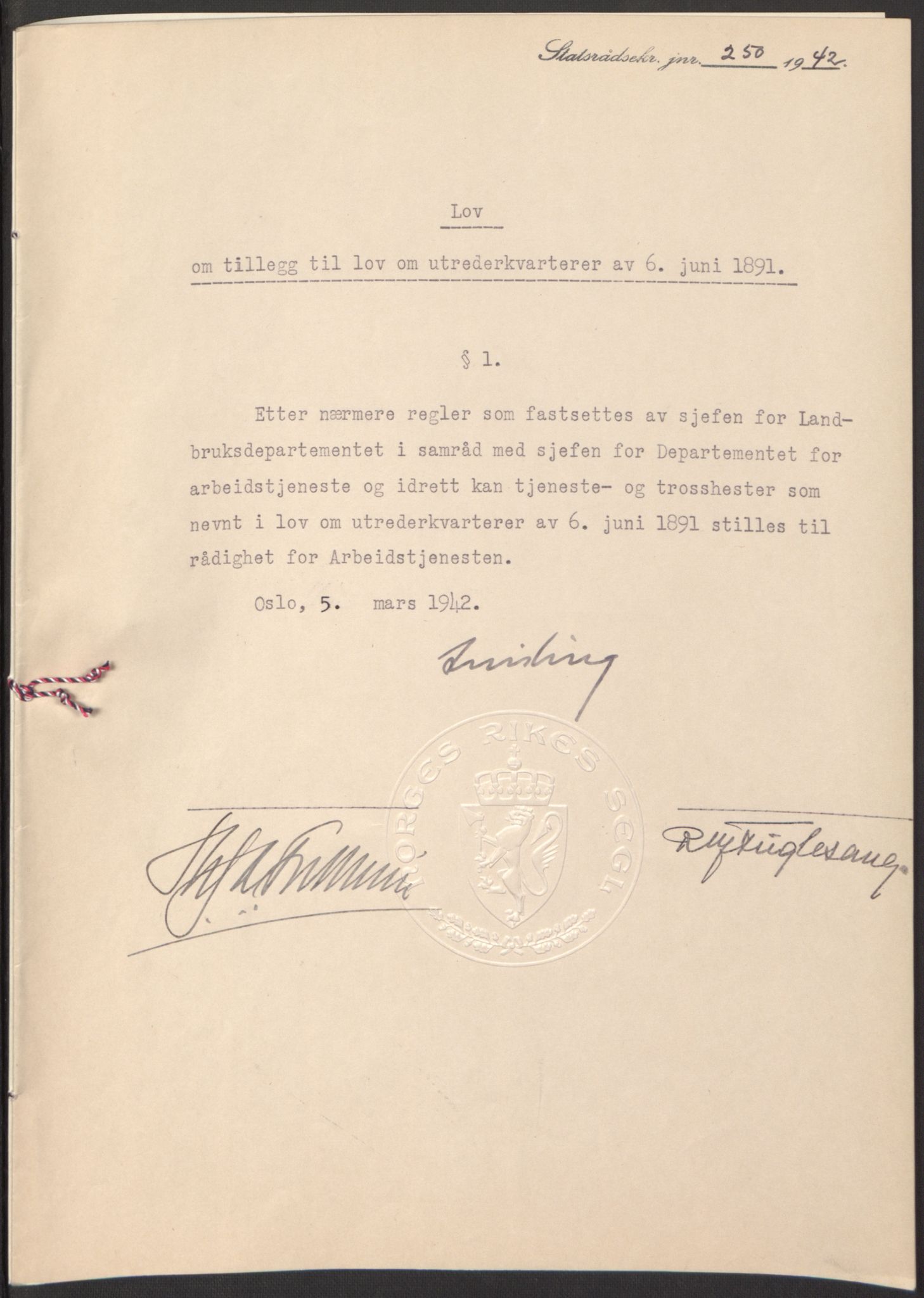 NS-administrasjonen 1940-1945 (Statsrådsekretariatet, de kommisariske statsråder mm), AV/RA-S-4279/D/Db/L0097: Lover I, 1942, p. 136