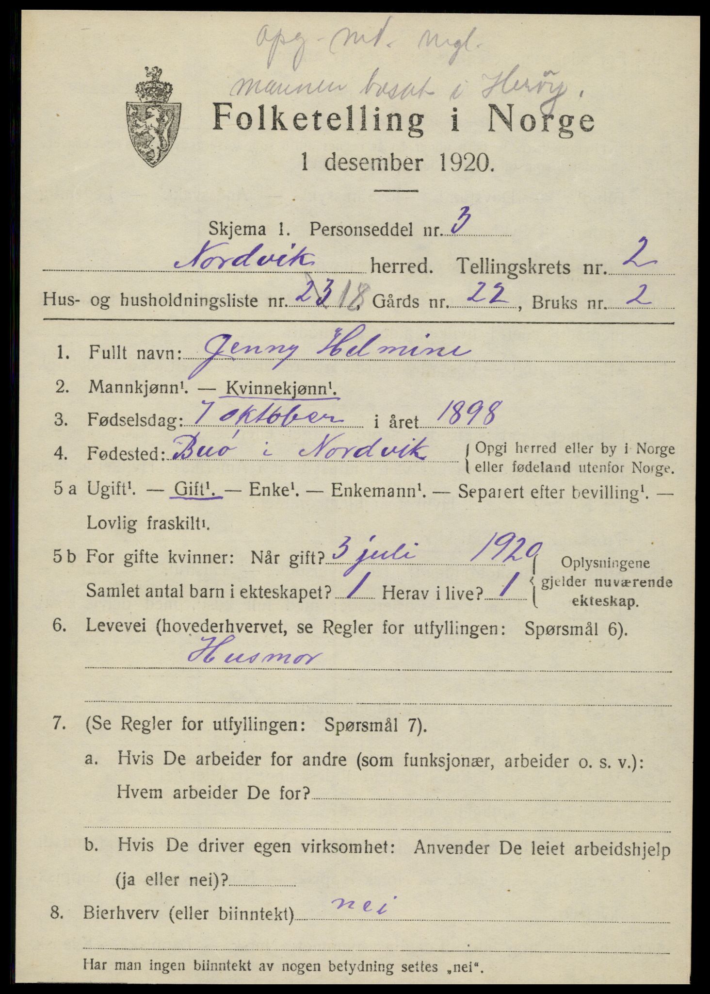 SAT, 1920 census for Nordvik, 1920, p. 1278