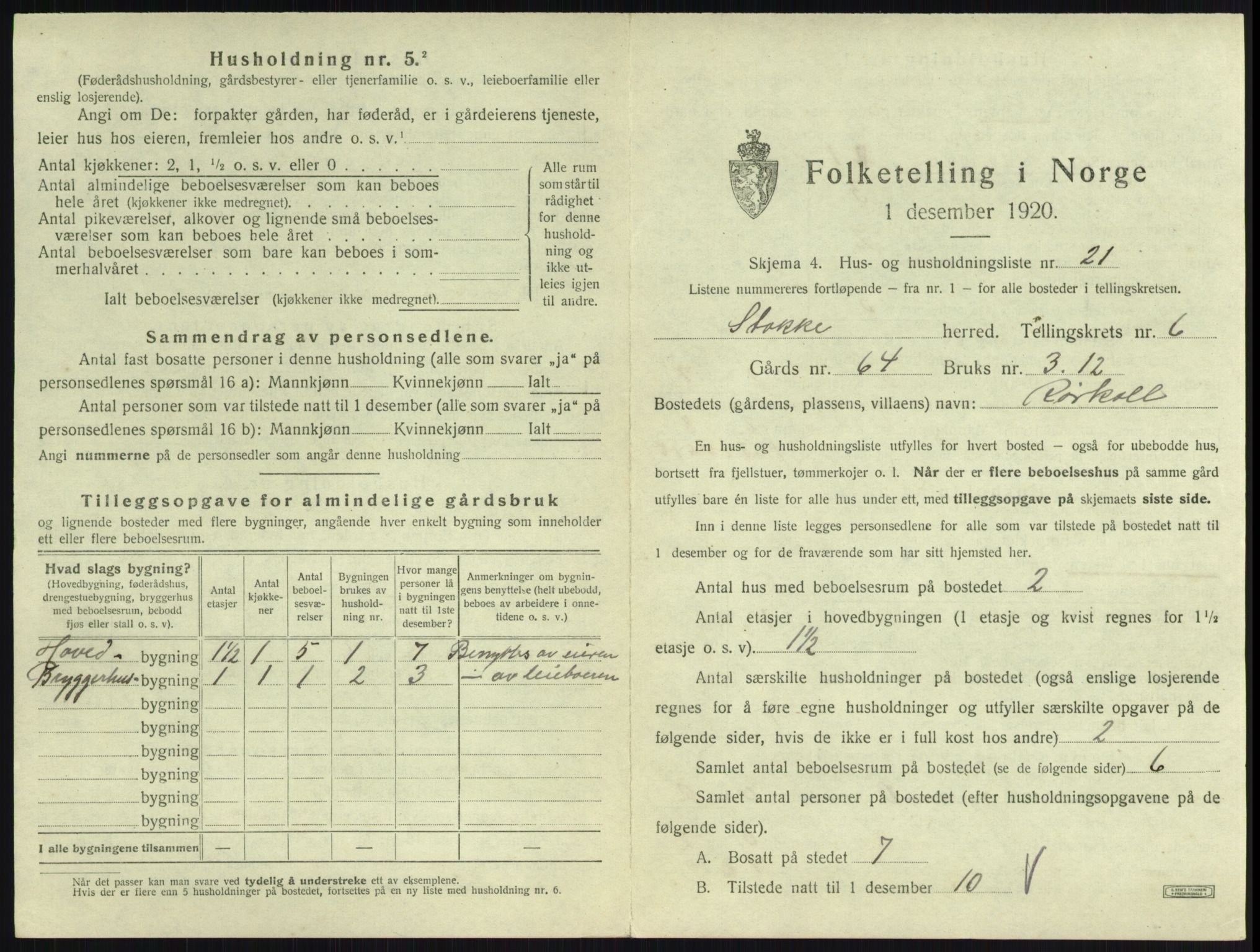 SAKO, 1920 census for Stokke, 1920, p. 1140