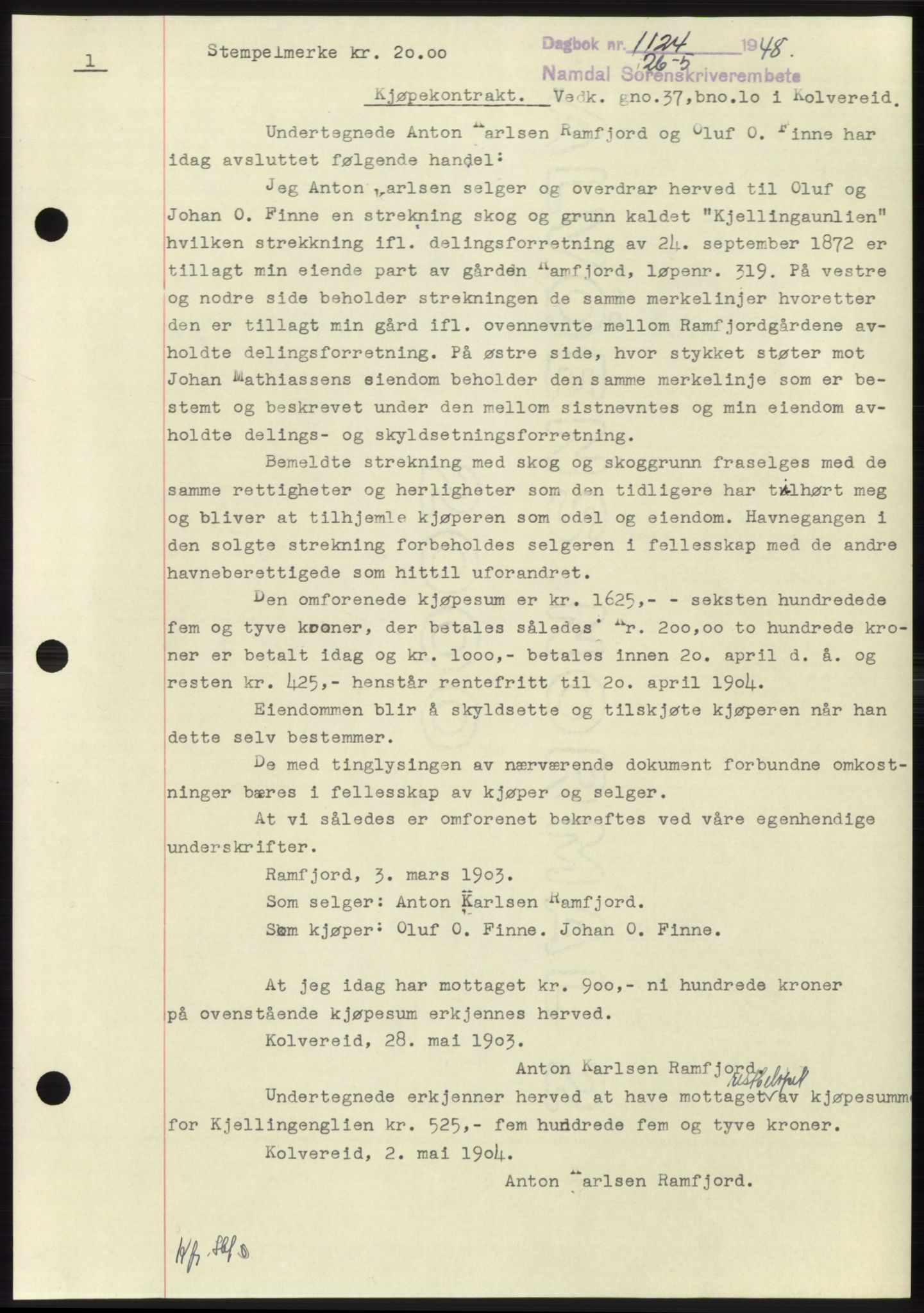 Namdal sorenskriveri, SAT/A-4133/1/2/2C: Mortgage book no. -, 1947-1948, Diary no: : 1124/1948