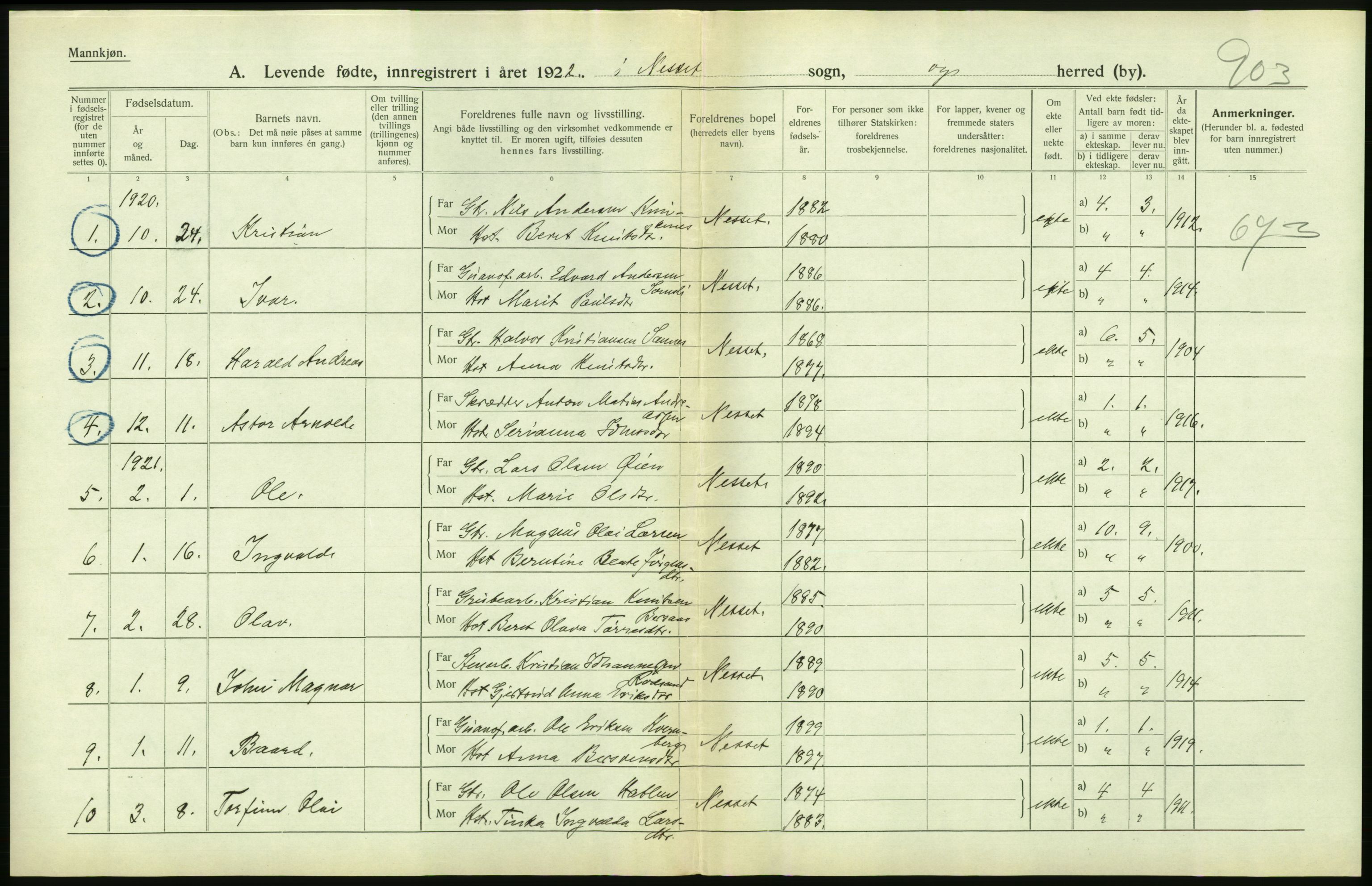 Statistisk sentralbyrå, Sosiodemografiske emner, Befolkning, RA/S-2228/D/Df/Dfc/Dfca/L0040: Møre fylke: Levendefødte menn og kvinner. Bygder., 1921, p. 368