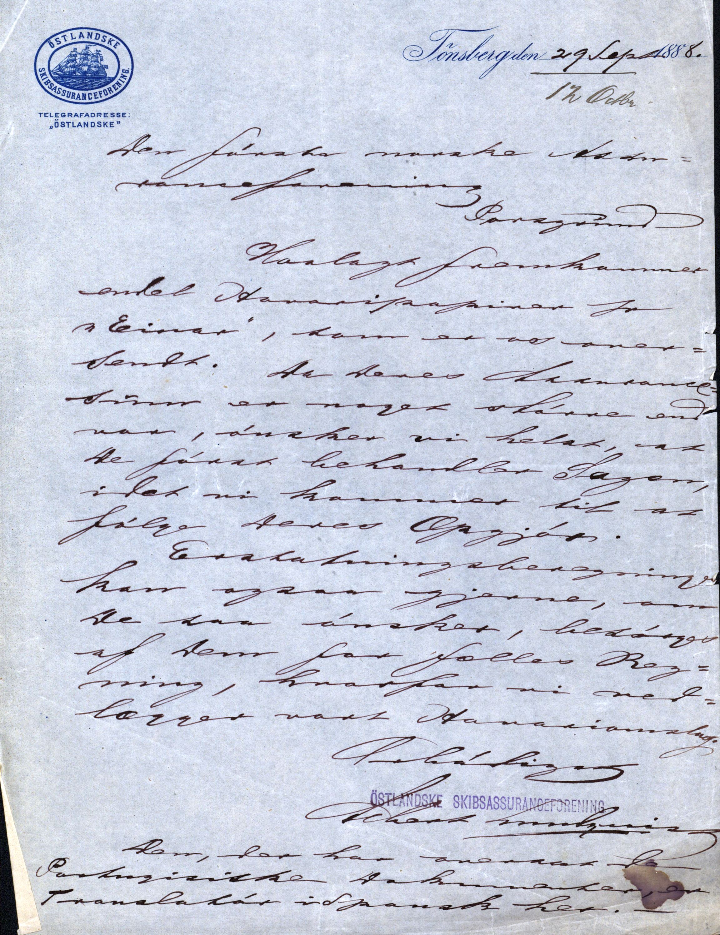 Pa 63 - Østlandske skibsassuranceforening, VEMU/A-1079/G/Ga/L0023/0003: Havaridokumenter / Else Katrine, Einar, Ethel, Finland, Favour, 1888, p. 11