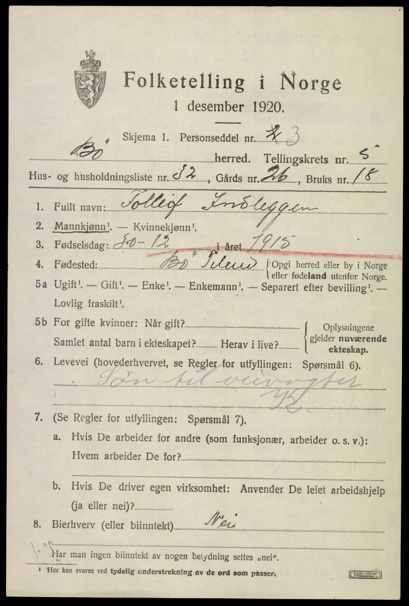 SAKO, 1920 census for Bø (Telemark), 1920, p. 4028