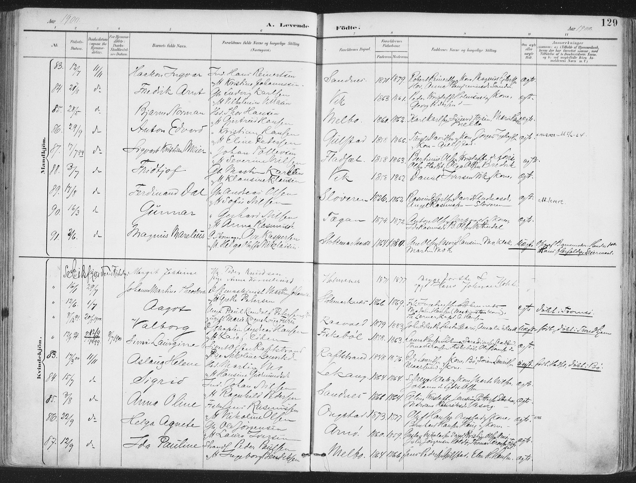 Ministerialprotokoller, klokkerbøker og fødselsregistre - Nordland, AV/SAT-A-1459/888/L1246: Parish register (official) no. 888A12, 1891-1903, p. 129