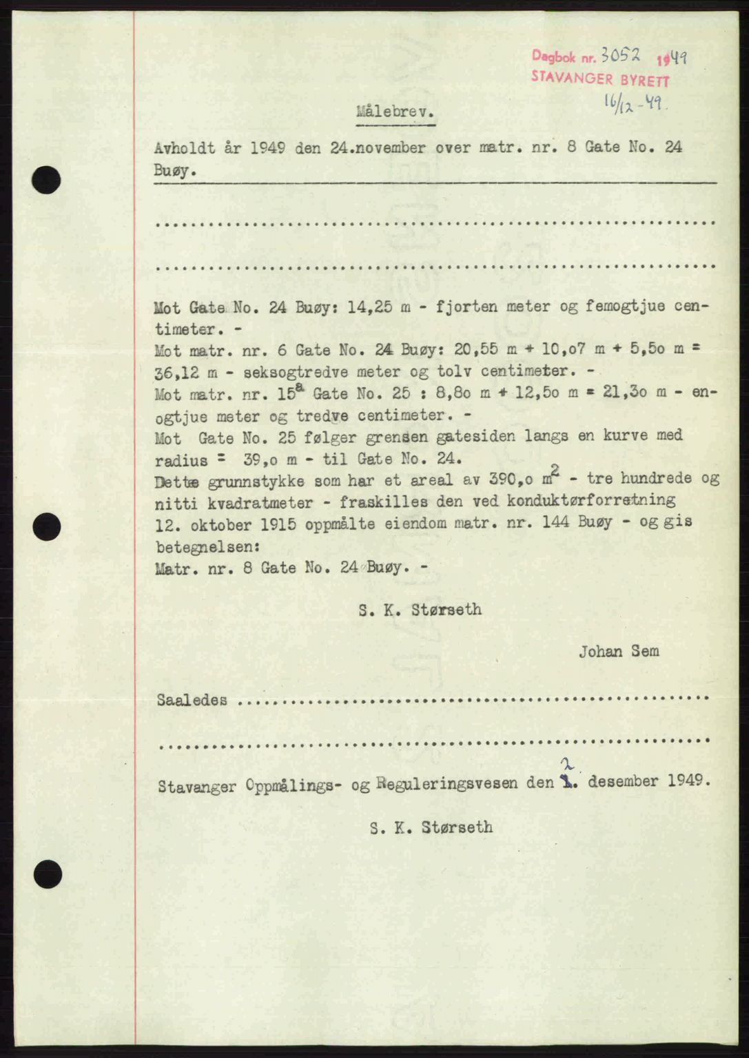 Stavanger byrett, SAST/A-100455/002/G/Gb/L0024: Mortgage book no. A13, 1949-1950, Diary no: : 3052/1949