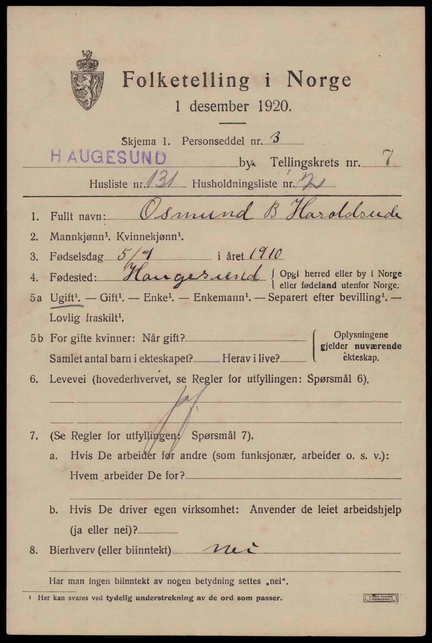 SAST, 1920 census for Haugesund, 1920, p. 27437