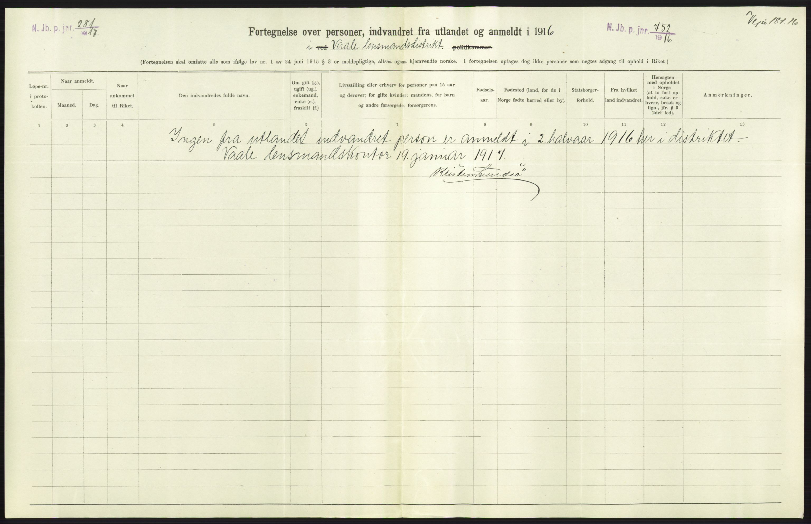 Nord-Jarlsberg politikammer, SAKO/A-739/I/Ia/Iab/L0001: Emigrantprotokoll, 1912-1918, p. 185