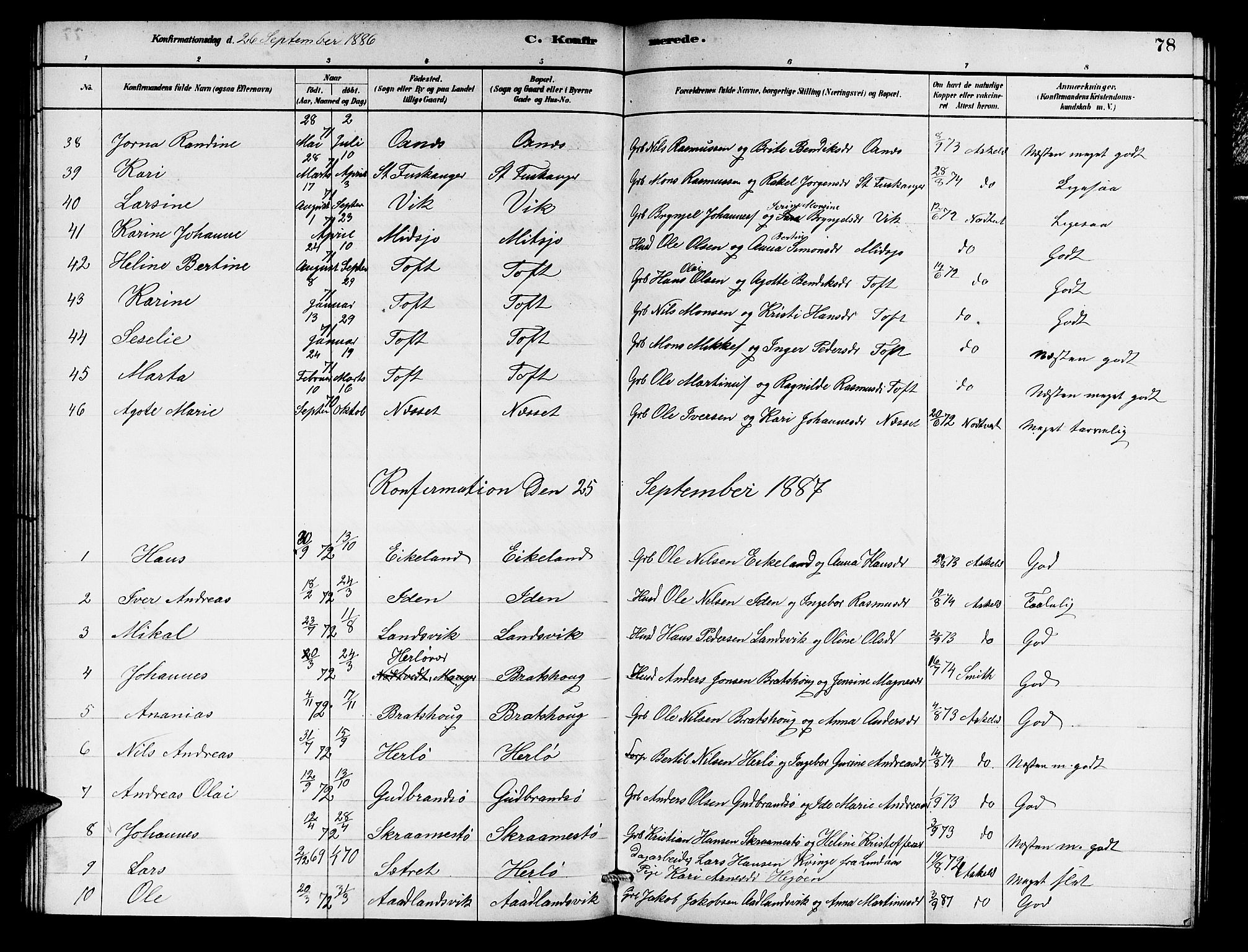 Herdla Sokneprestembete, SAB/A-75701/H/Hab: Parish register (copy) no. A 2, 1881-1888, p. 78