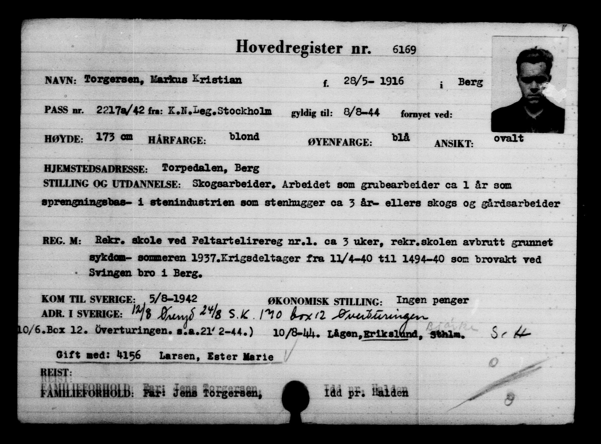 Utenriksstasjonene, Legasjonen i Stockholm, Flyktningkontoret, AV/RA-S-6753/V/Va/L0004: Kjesäterkartoteket, flyktninger med registreringsnr. 3496-6610, 1940-1945, p. 3134