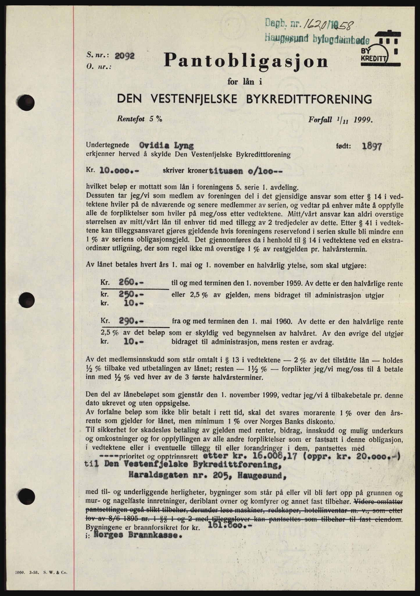 Haugesund tingrett, SAST/A-101415/01/II/IIC/L0044: Mortgage book no. B 44, 1958-1959, Diary no: : 1620/1958