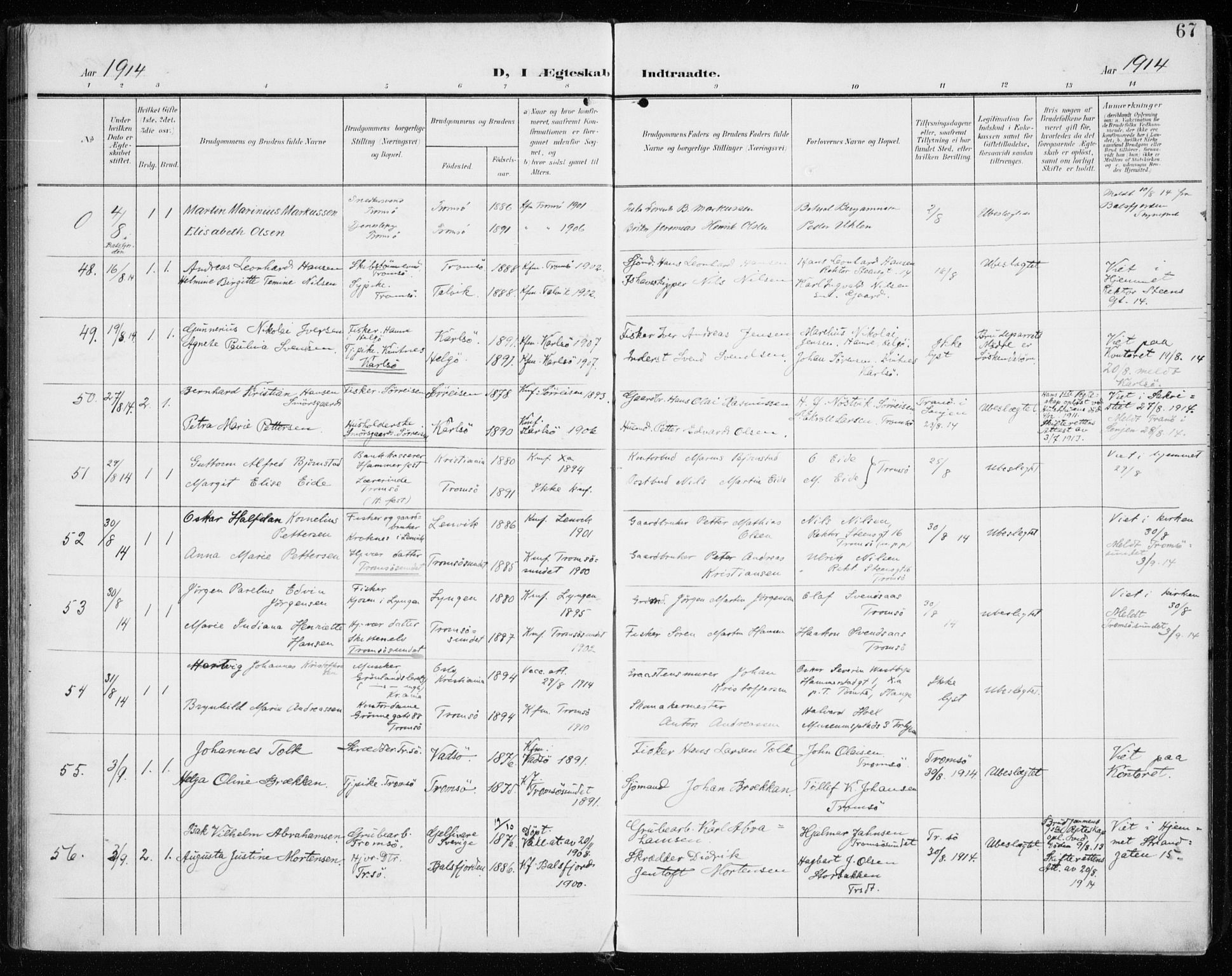 Tromsø sokneprestkontor/stiftsprosti/domprosti, AV/SATØ-S-1343/G/Ga/L0018kirke: Parish register (official) no. 18, 1907-1917, p. 67
