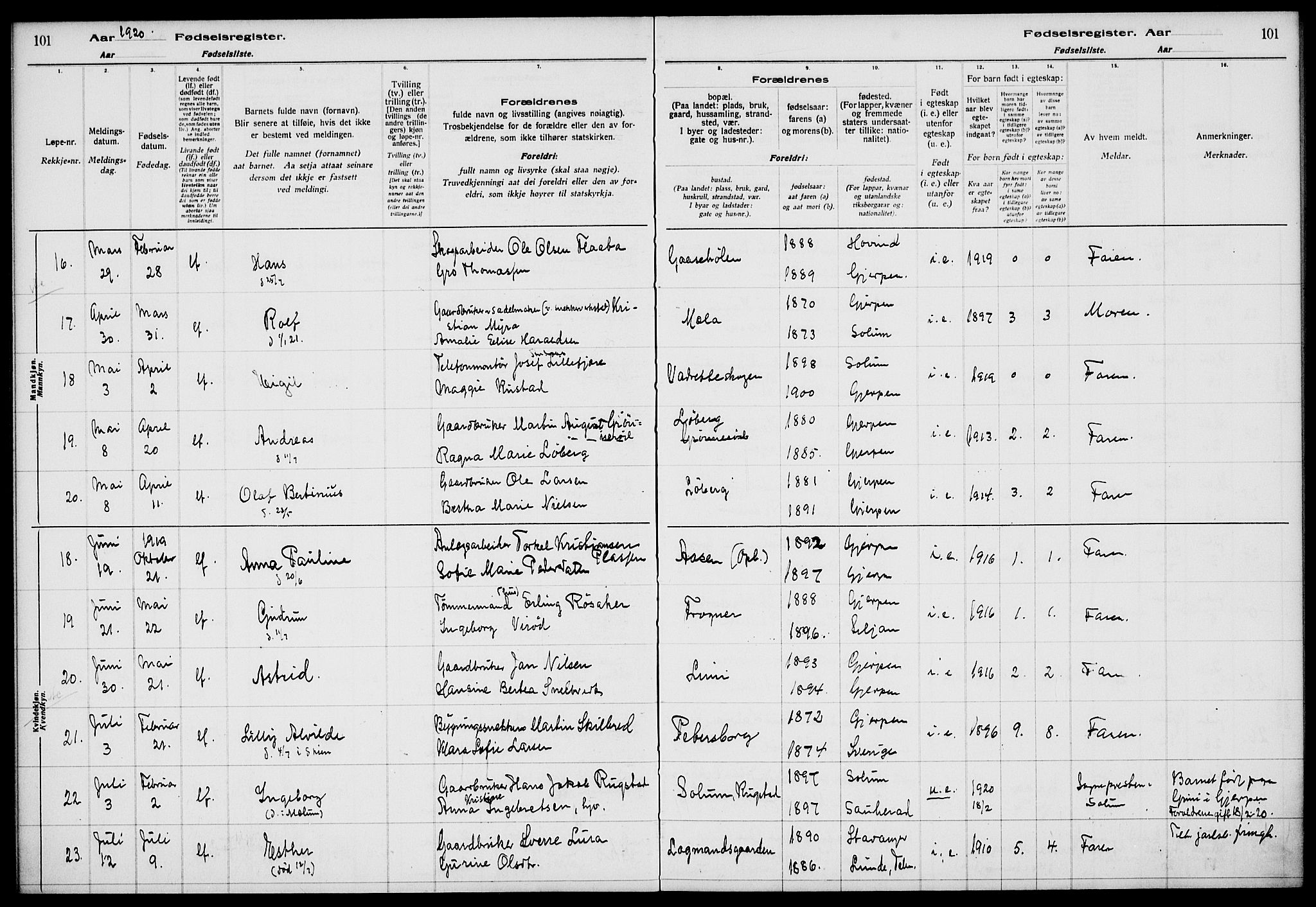 Gjerpen kirkebøker, AV/SAKO-A-265/J/Ja/L0001: Birth register no. I 1, 1916-1926, p. 101