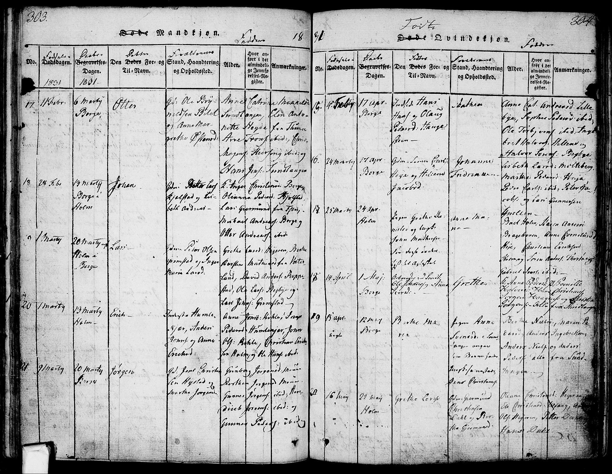 Borge prestekontor Kirkebøker, AV/SAO-A-10903/F/Fa/L0003: Parish register (official) no. I 3, 1815-1836, p. 303-304