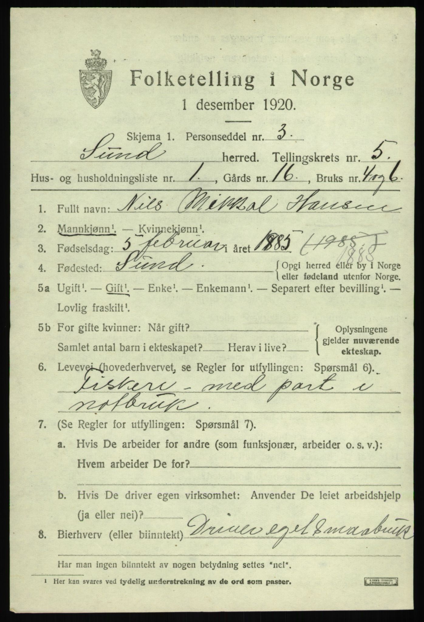 SAB, 1920 census for Sund, 1920, p. 3097