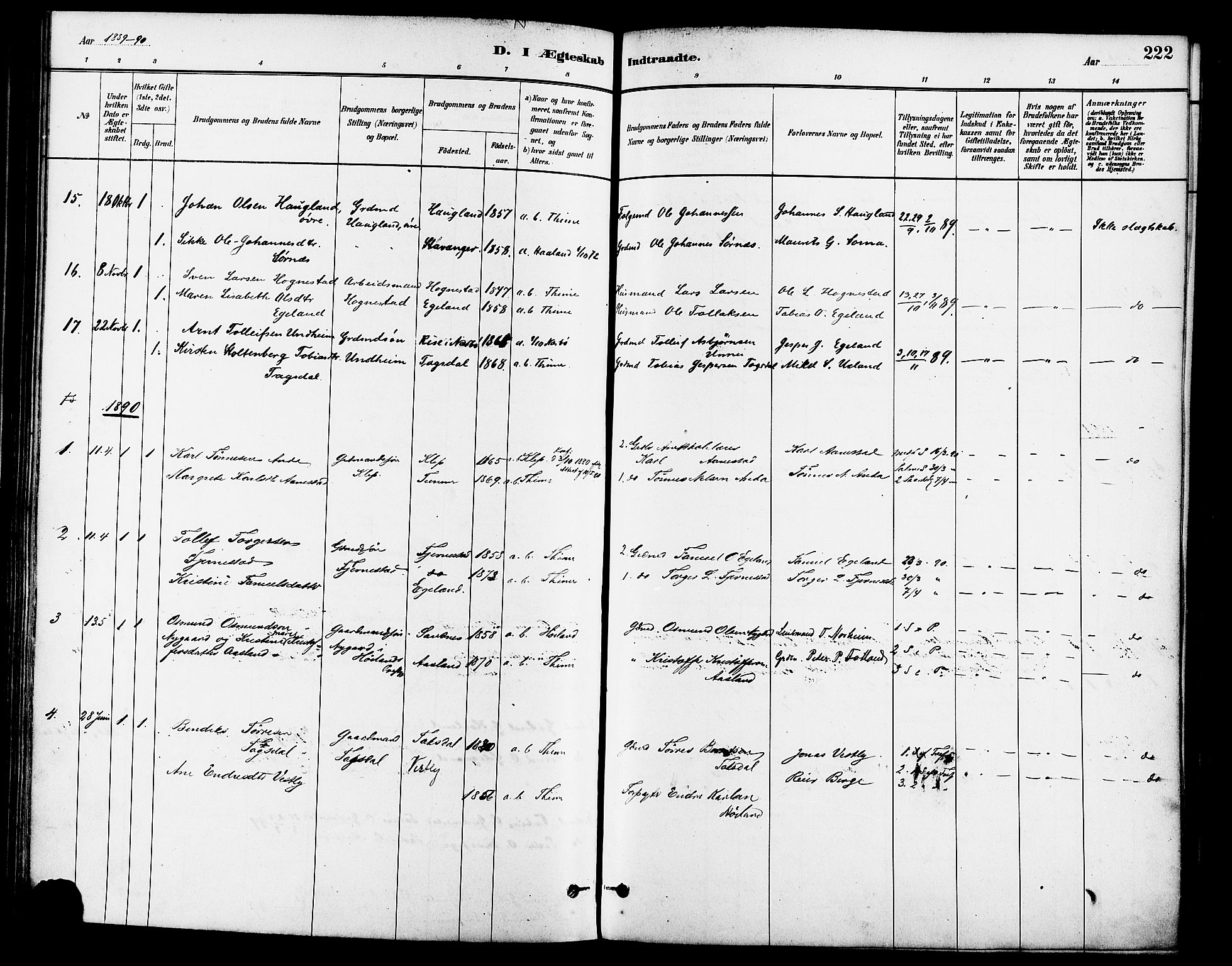 Lye sokneprestkontor, SAST/A-101794/001/30BA/L0009: Parish register (official) no. A 8, 1881-1892, p. 222