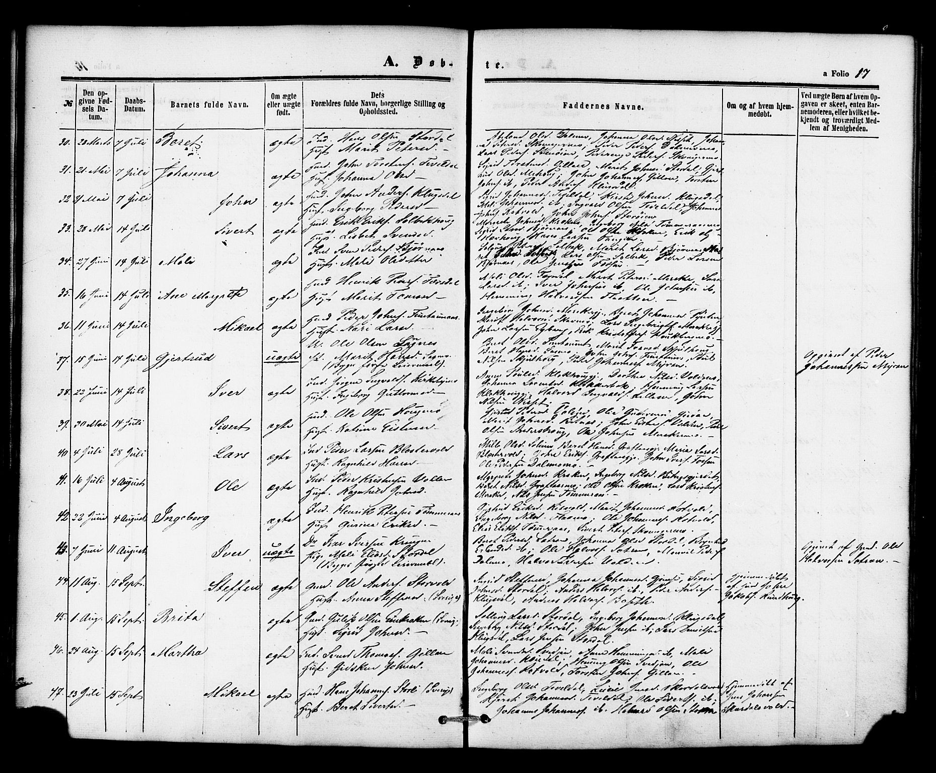 Ministerialprotokoller, klokkerbøker og fødselsregistre - Nord-Trøndelag, AV/SAT-A-1458/706/L0041: Parish register (official) no. 706A02, 1862-1877, p. 17