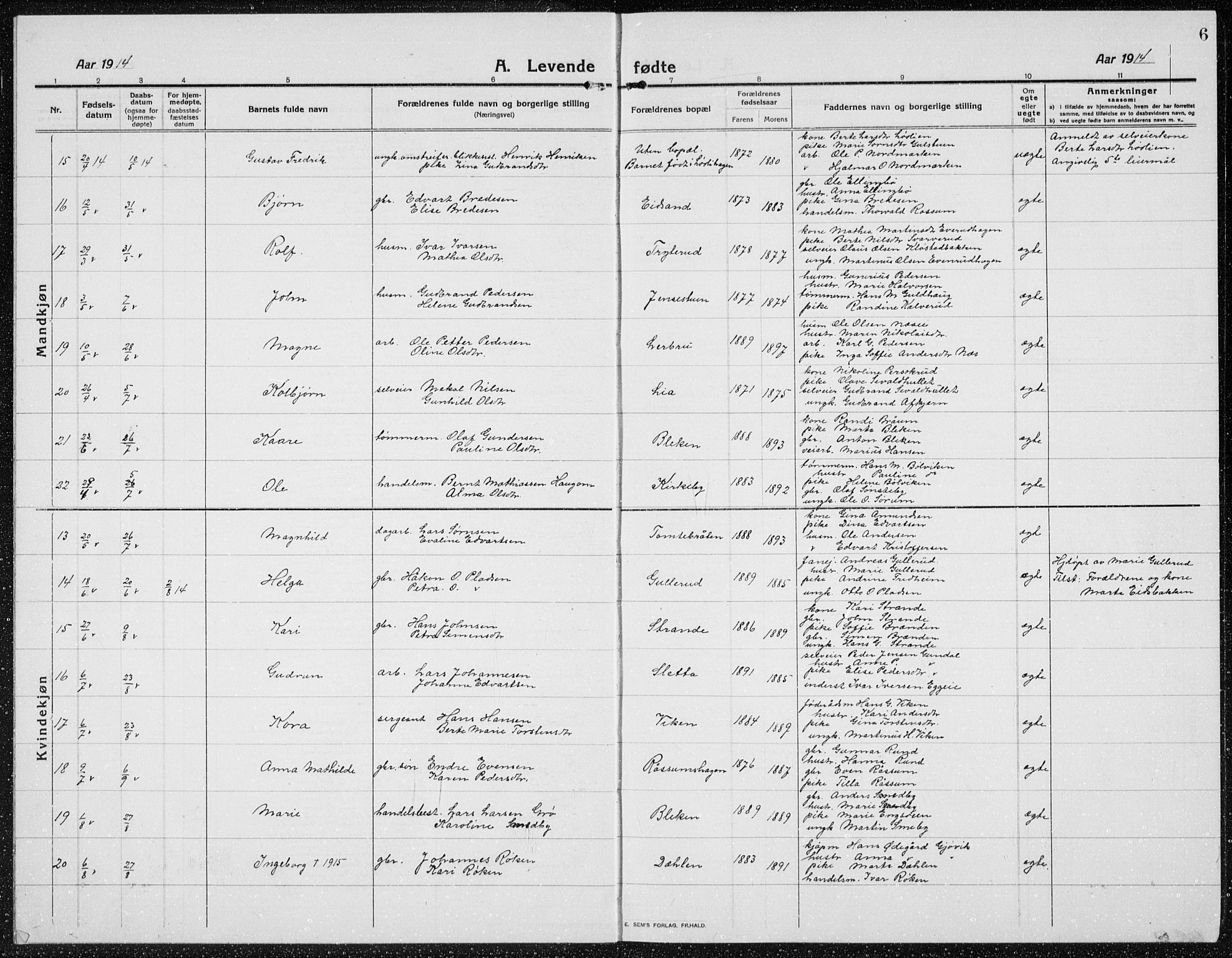 Brandbu prestekontor, AV/SAH-PREST-114/H/Ha/Hab/L0001: Parish register (copy) no. 1, 1914-1937, p. 6