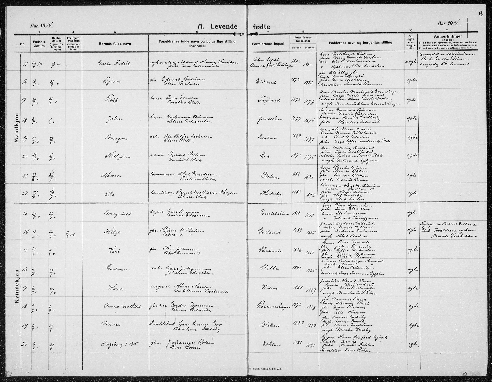 Brandbu prestekontor, AV/SAH-PREST-114/H/Ha/Hab/L0001: Parish register (copy) no. 1, 1914-1937, p. 6