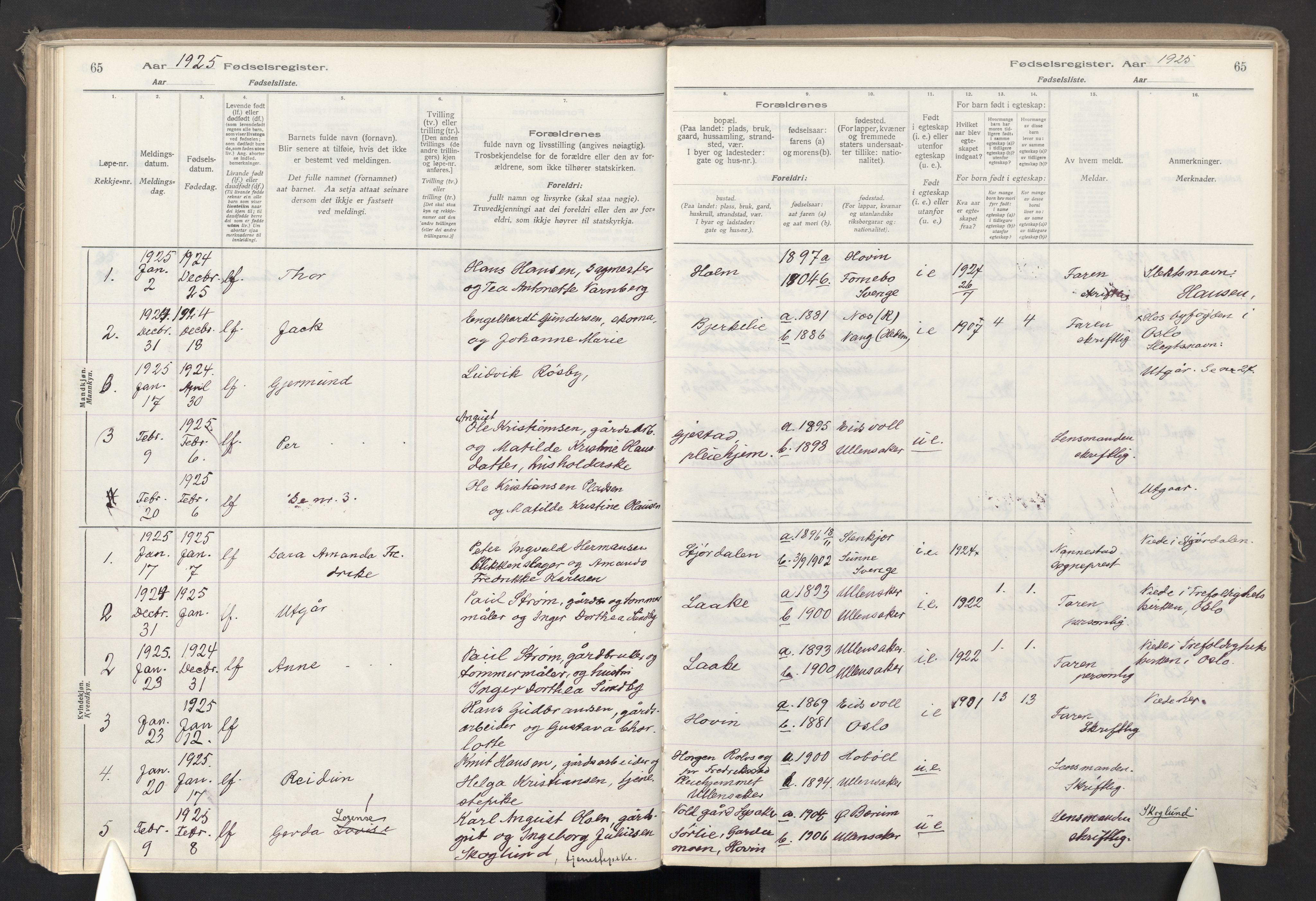 Ullensaker prestekontor Kirkebøker, AV/SAO-A-10236a/J/Jb/L0001: Birth register no. II 1, 1916-1946, p. 65