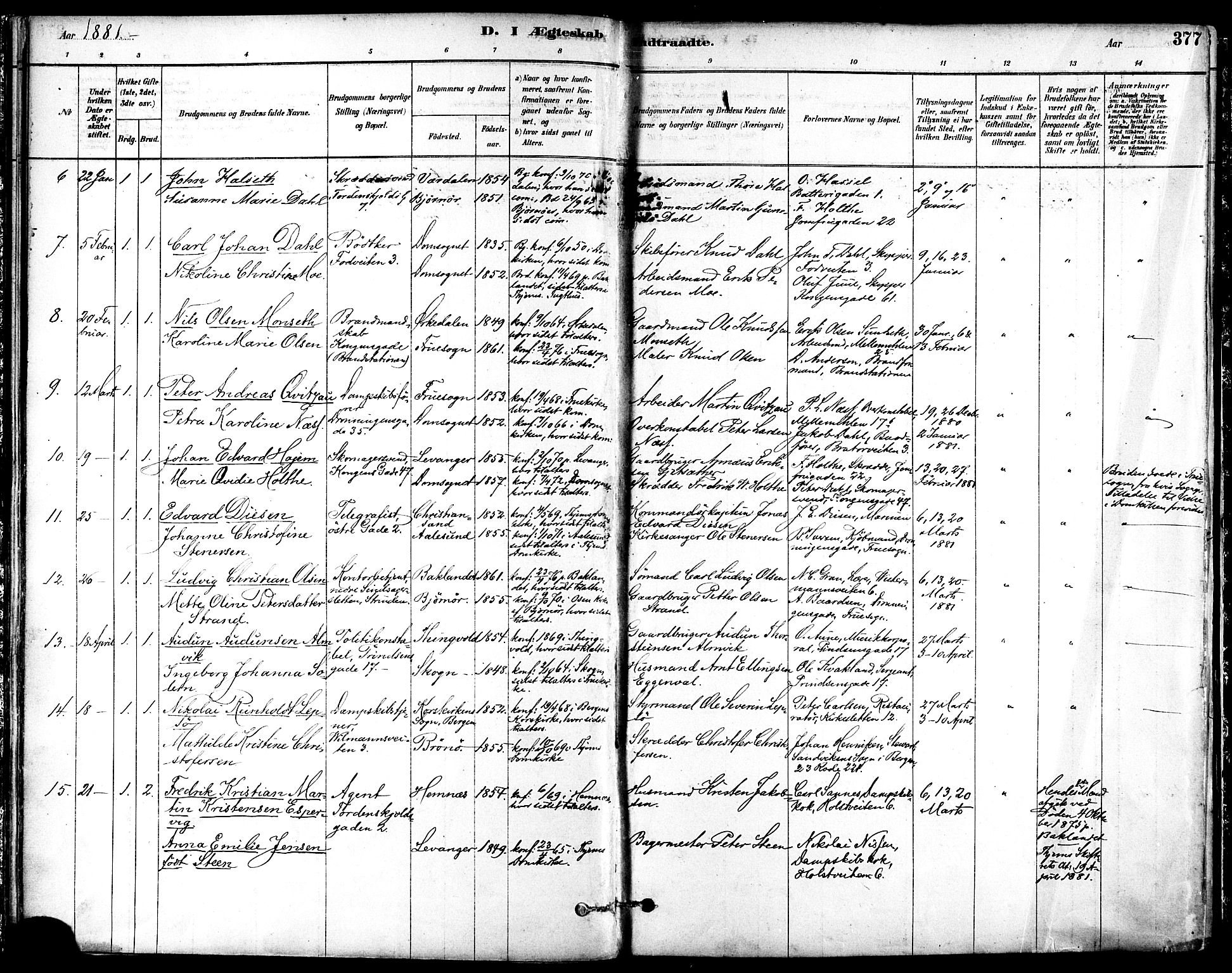 Ministerialprotokoller, klokkerbøker og fødselsregistre - Sør-Trøndelag, SAT/A-1456/601/L0058: Parish register (official) no. 601A26, 1877-1891, p. 377