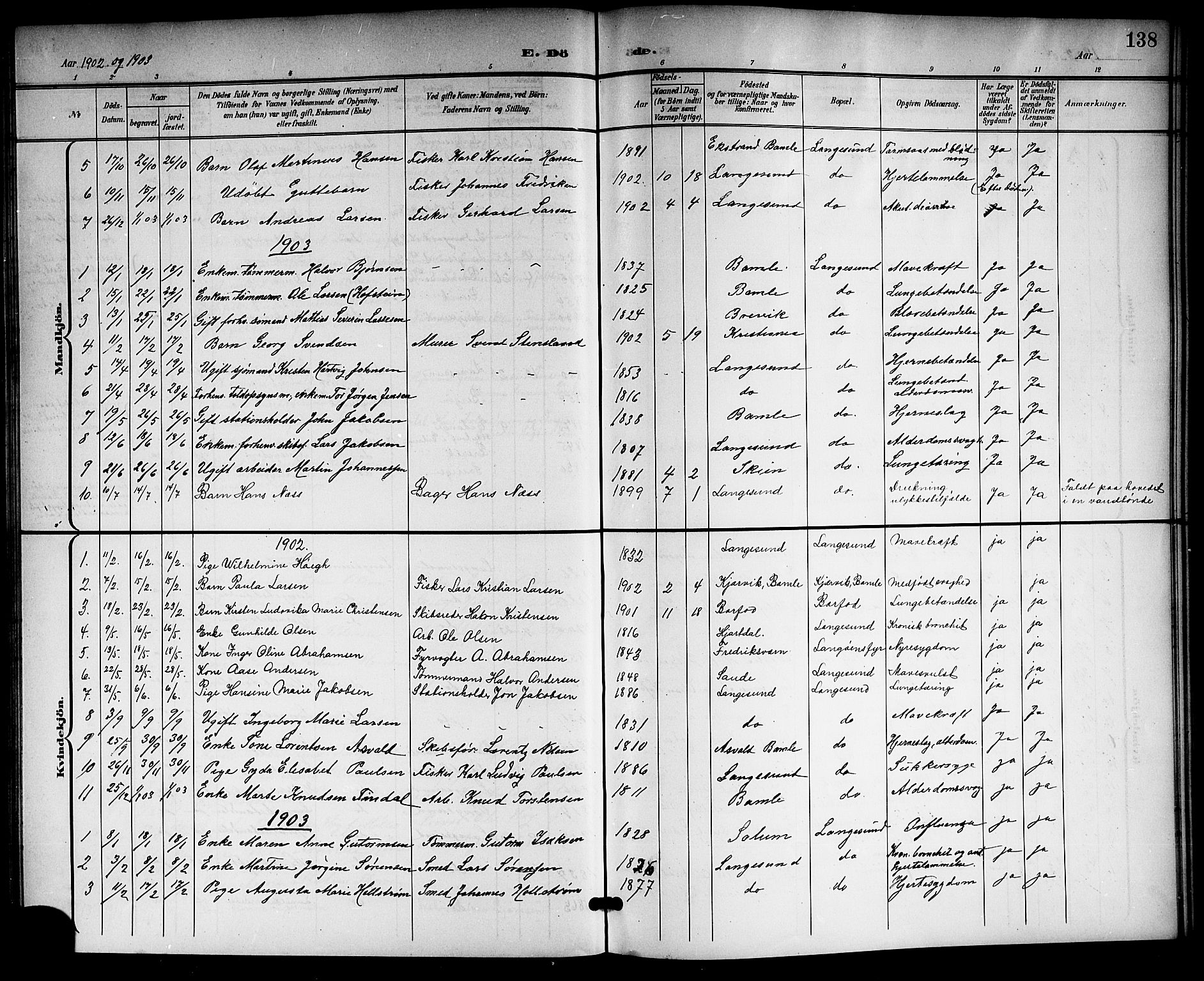 Langesund kirkebøker, SAKO/A-280/G/Ga/L0006: Parish register (copy) no. 6, 1899-1918, p. 138