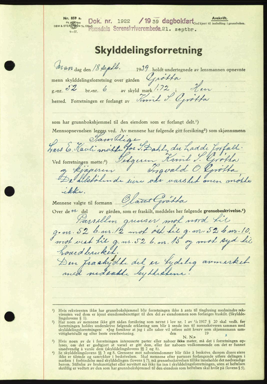 Romsdal sorenskriveri, AV/SAT-A-4149/1/2/2C: Mortgage book no. A7, 1939-1939, Diary no: : 1922/1939