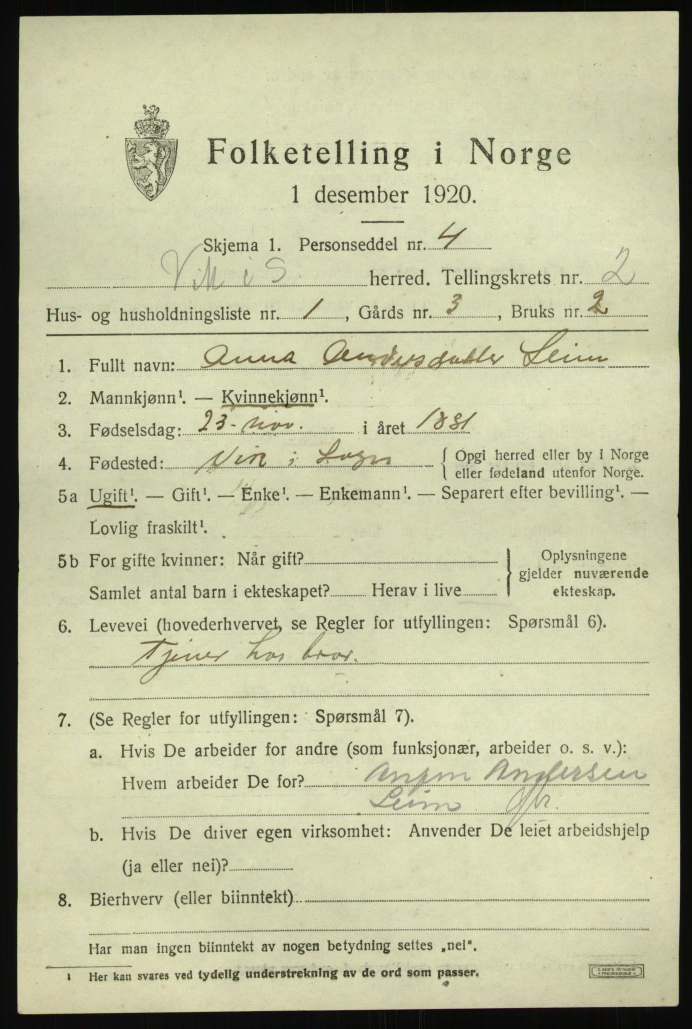 SAB, 1920 census for Vik, 1920, p. 2103