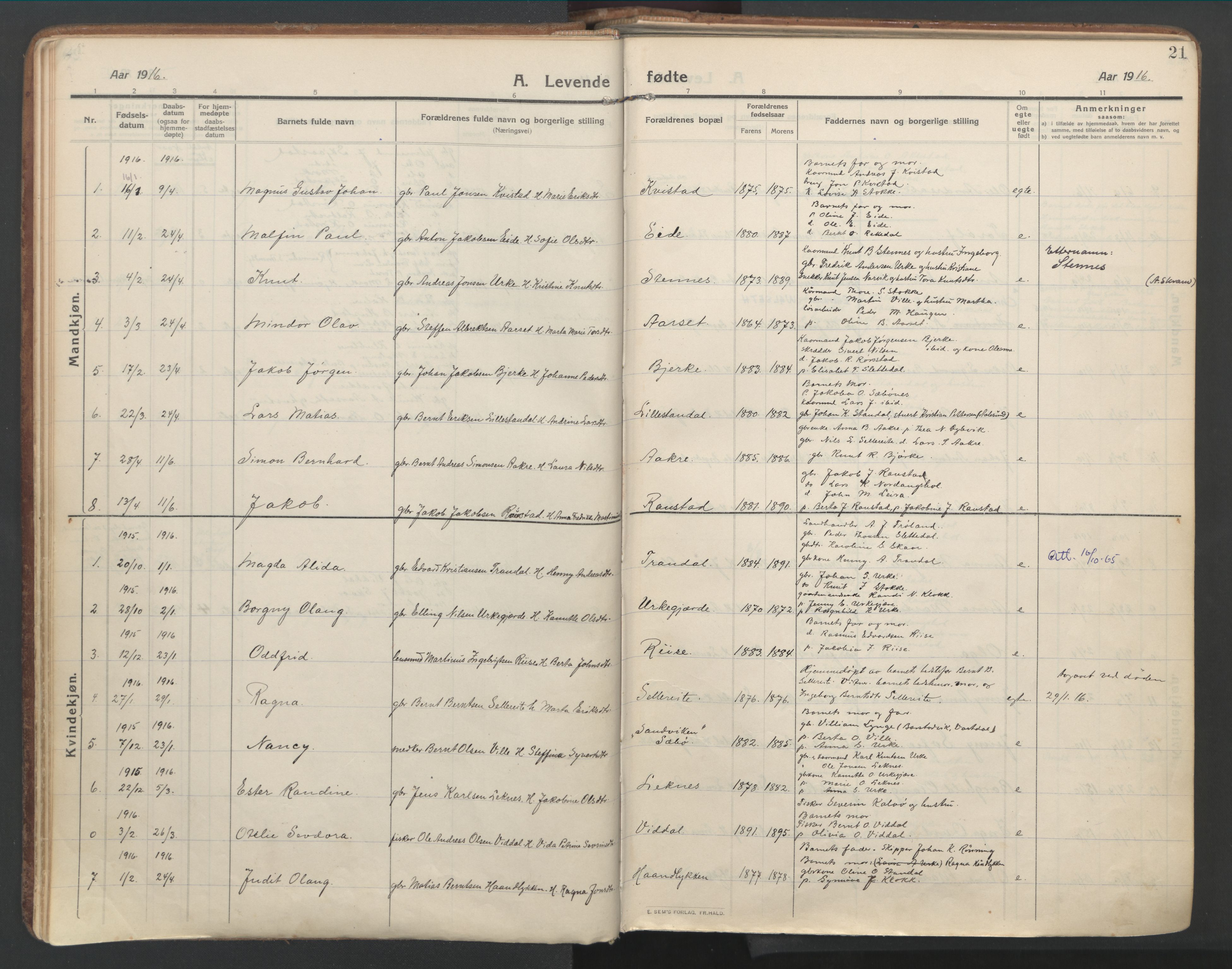 Ministerialprotokoller, klokkerbøker og fødselsregistre - Møre og Romsdal, SAT/A-1454/515/L0212: Parish register (official) no. 515A08, 1911-1935, p. 21