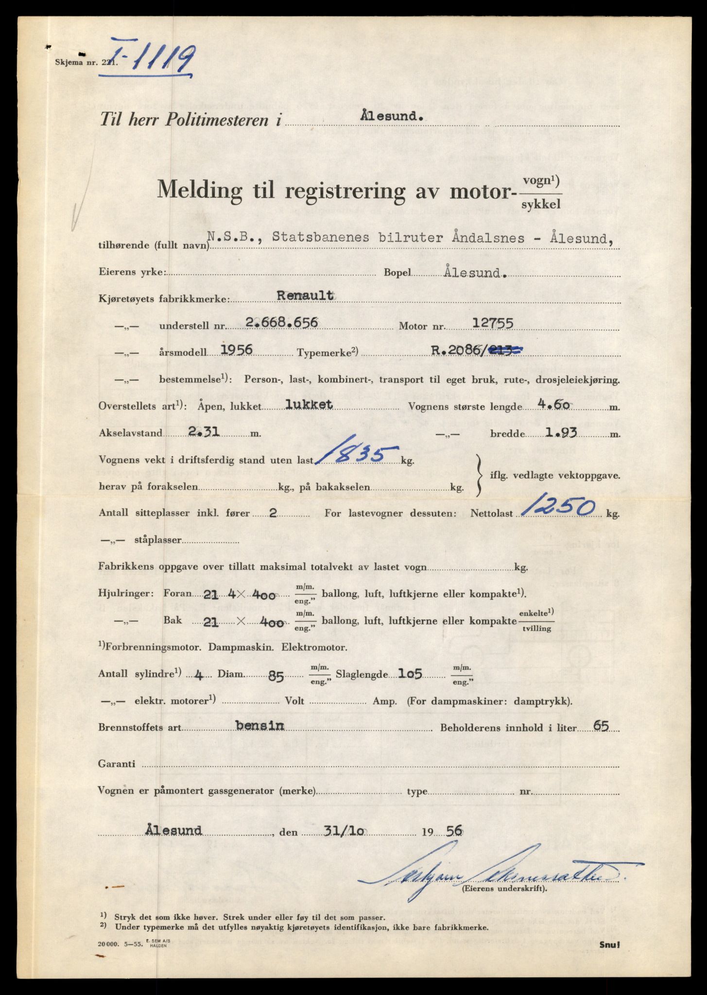 Møre og Romsdal vegkontor - Ålesund trafikkstasjon, AV/SAT-A-4099/F/Fe/L0010: Registreringskort for kjøretøy T 1050 - T 1169, 1927-1998, p. 2037