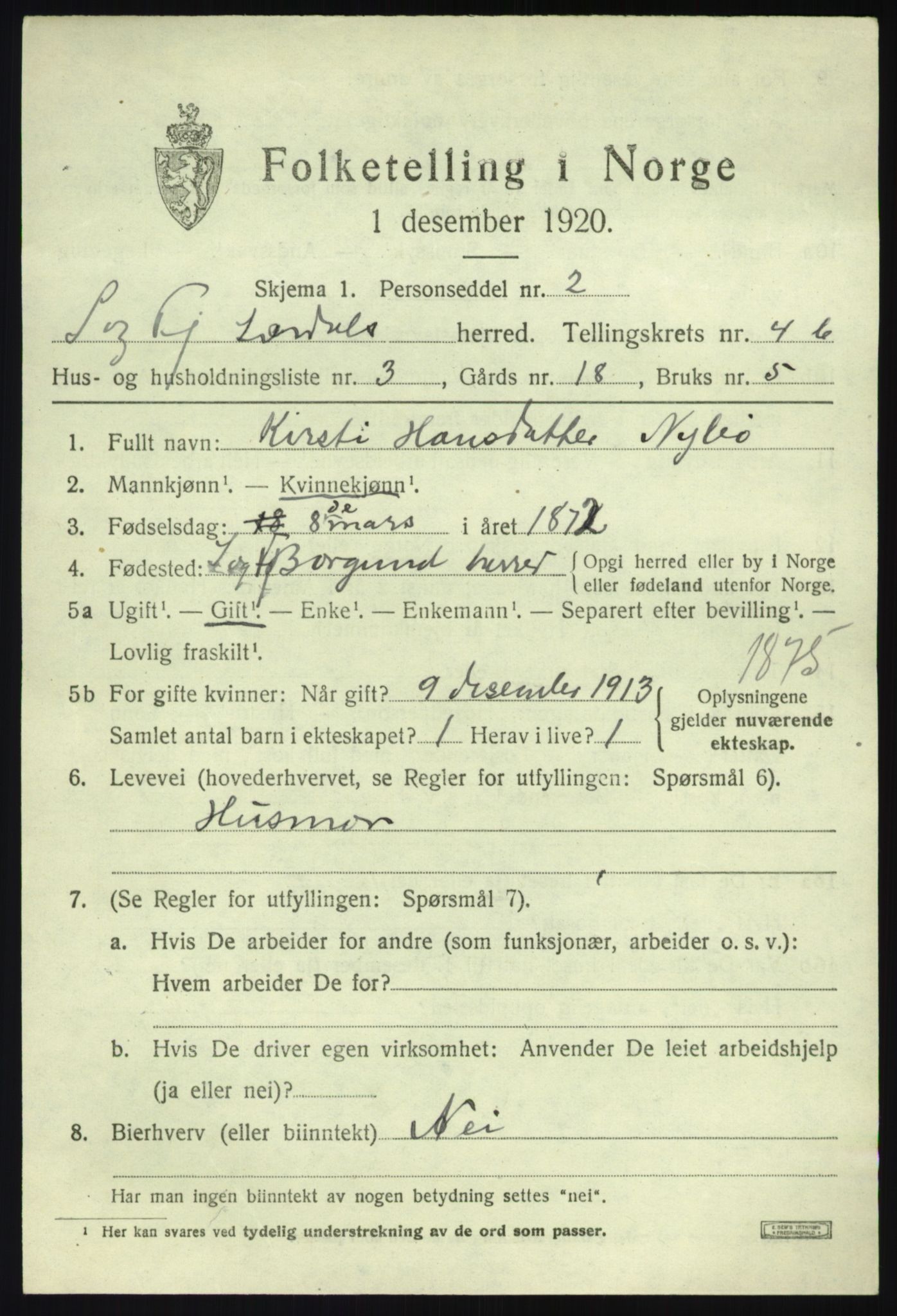 SAB, 1920 census for Lærdal, 1920, p. 2214