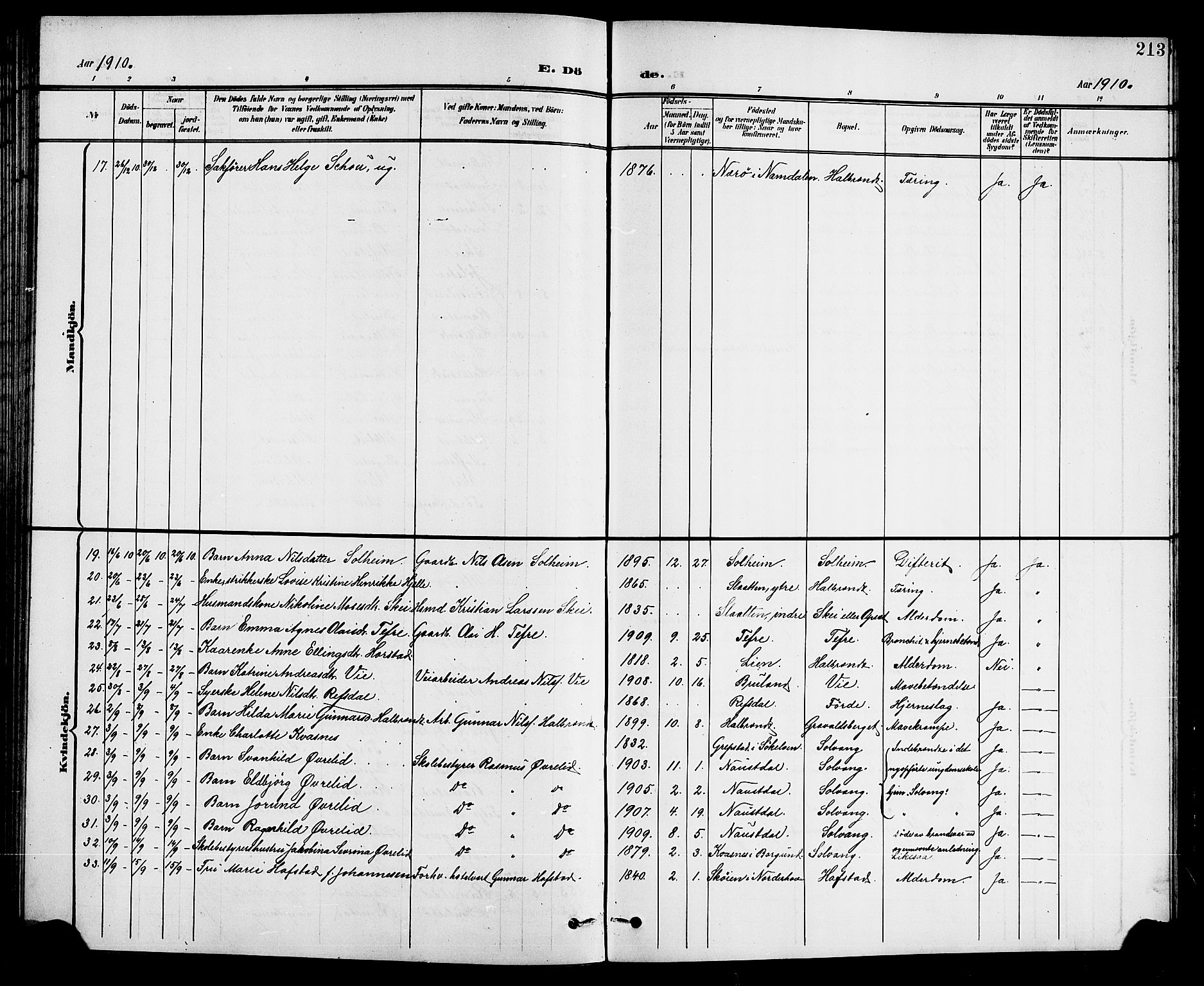 Førde sokneprestembete, SAB/A-79901/H/Hab/Haba/L0003: Parish register (copy) no. A 3, 1899-1924, p. 213