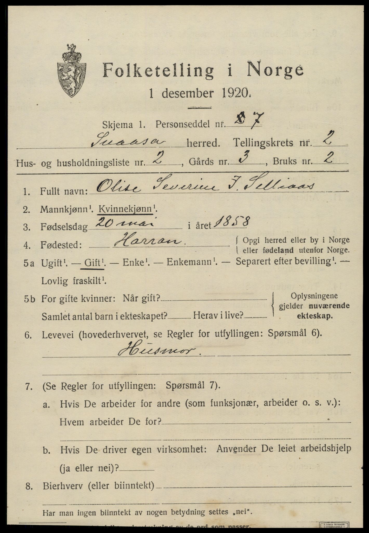 SAT, 1920 census for Snåsa, 1920, p. 1210
