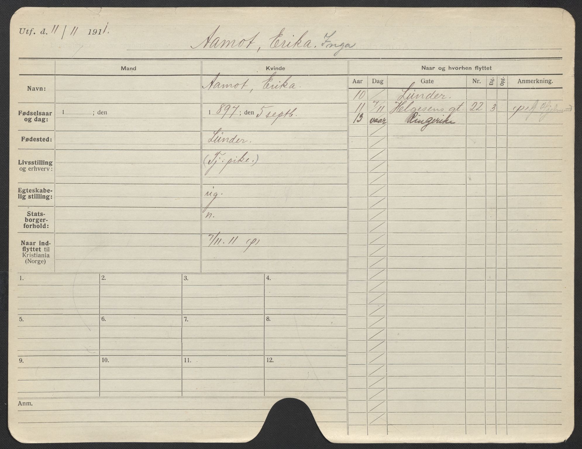 Oslo folkeregister, Registerkort, AV/SAO-A-11715/F/Fa/Fac/L0025: Kvinner, 1906-1914, p. 1176a