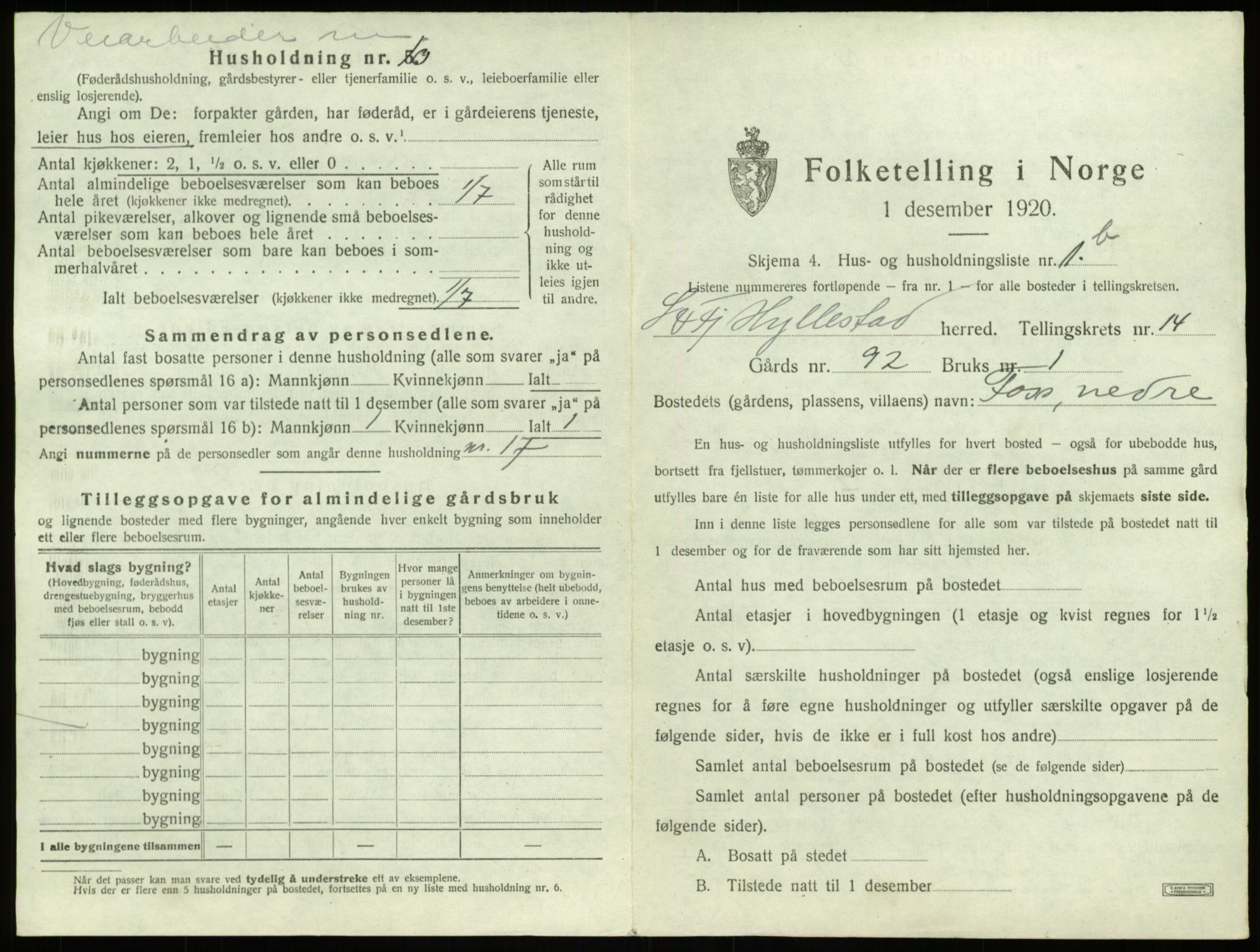 SAB, 1920 census for Hyllestad, 1920, p. 788