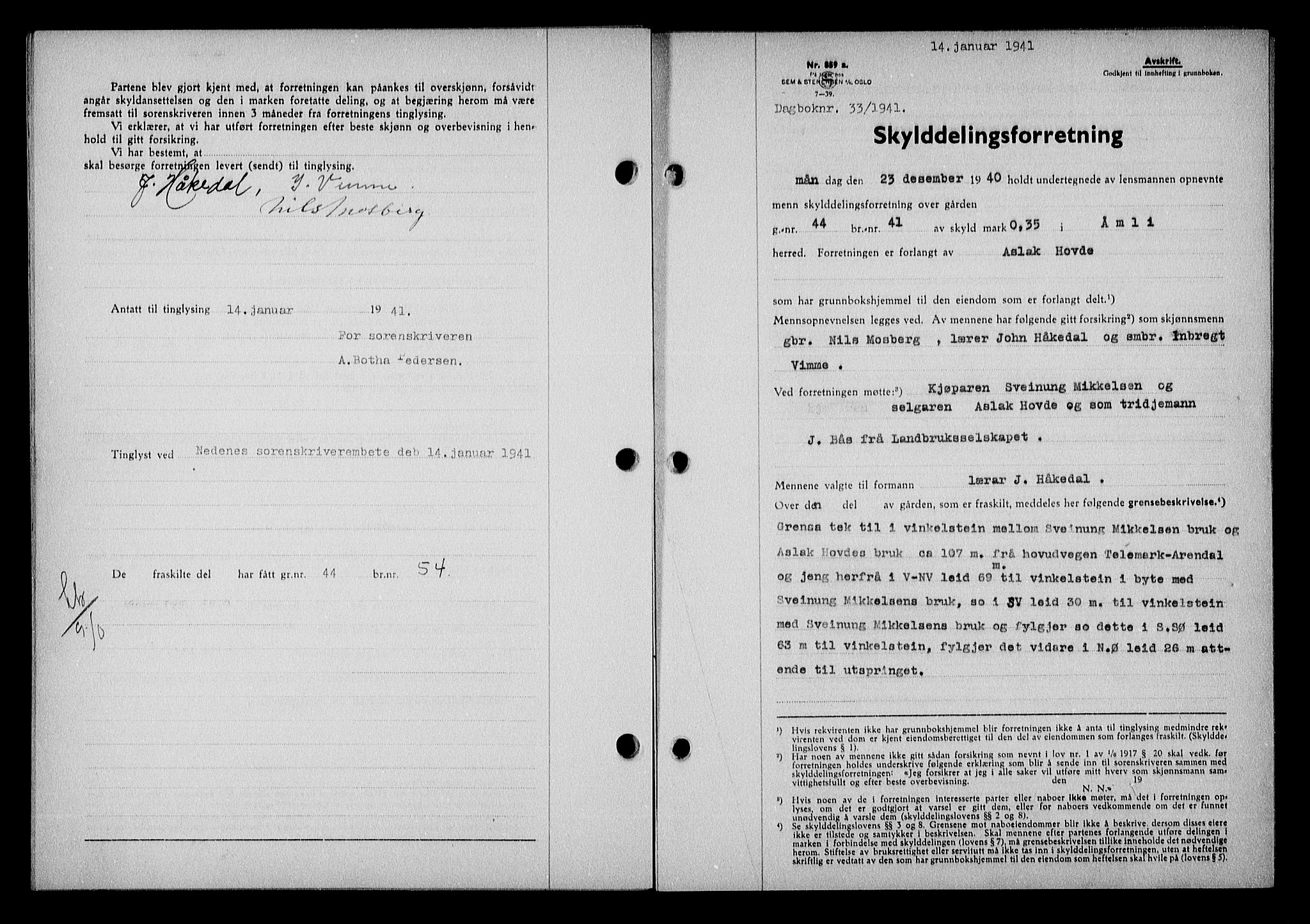 Nedenes sorenskriveri, SAK/1221-0006/G/Gb/Gba/L0048: Mortgage book no. A-II, 1940-1941, Diary no: : 33/1941
