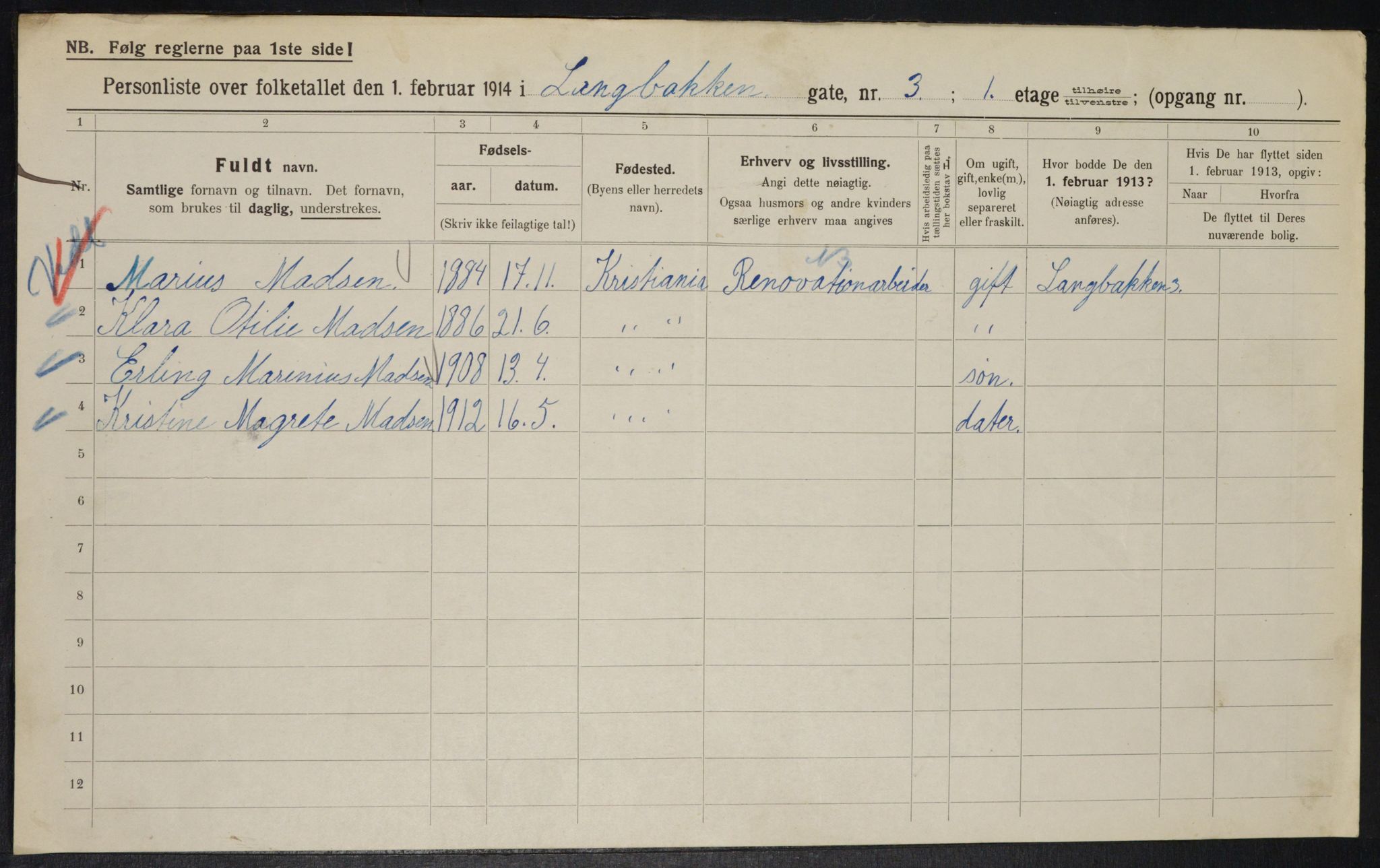 OBA, Municipal Census 1914 for Kristiania, 1914, p. 56234